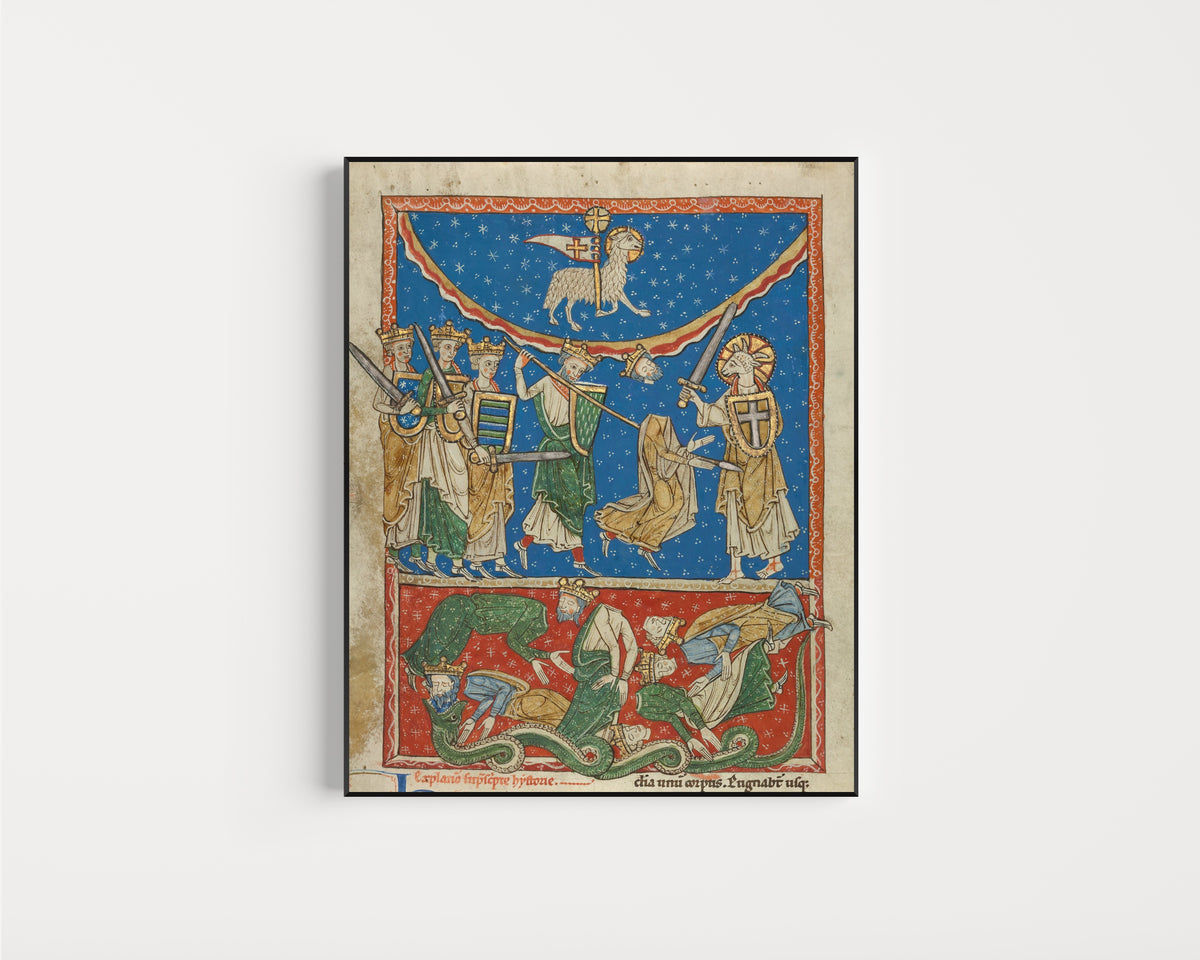 Framed art print of Beatus Manuscript: The Lamb Defeating the Ten Kings, in a slim black frame on a plain white wall