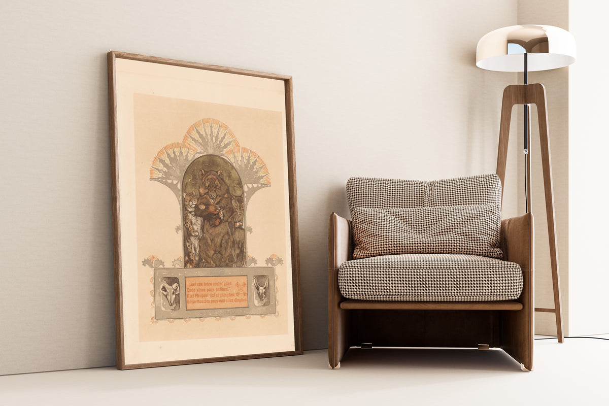 Luipaard, beer en wolf (Firapeel, Bruun en Isegrim) by Bernard Willem Wierink — framed and leaning against a wall beside an armchair and a floor lamp