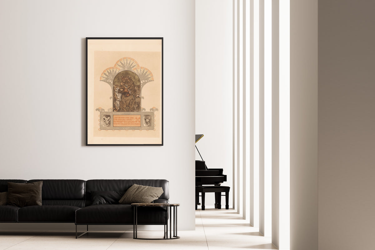 Luipaard, beer en wolf (Firapeel, Bruun en Isegrim) by Bernard Willem Wierink — framed on the wall of a minimal living room