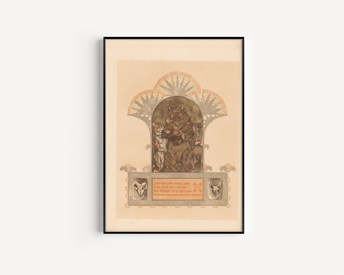 Luipaard, beer en wolf (Firapeel, Bruun en Isegrim) by Bernard Willem Wierink — in a slim black frame on a plain white wall