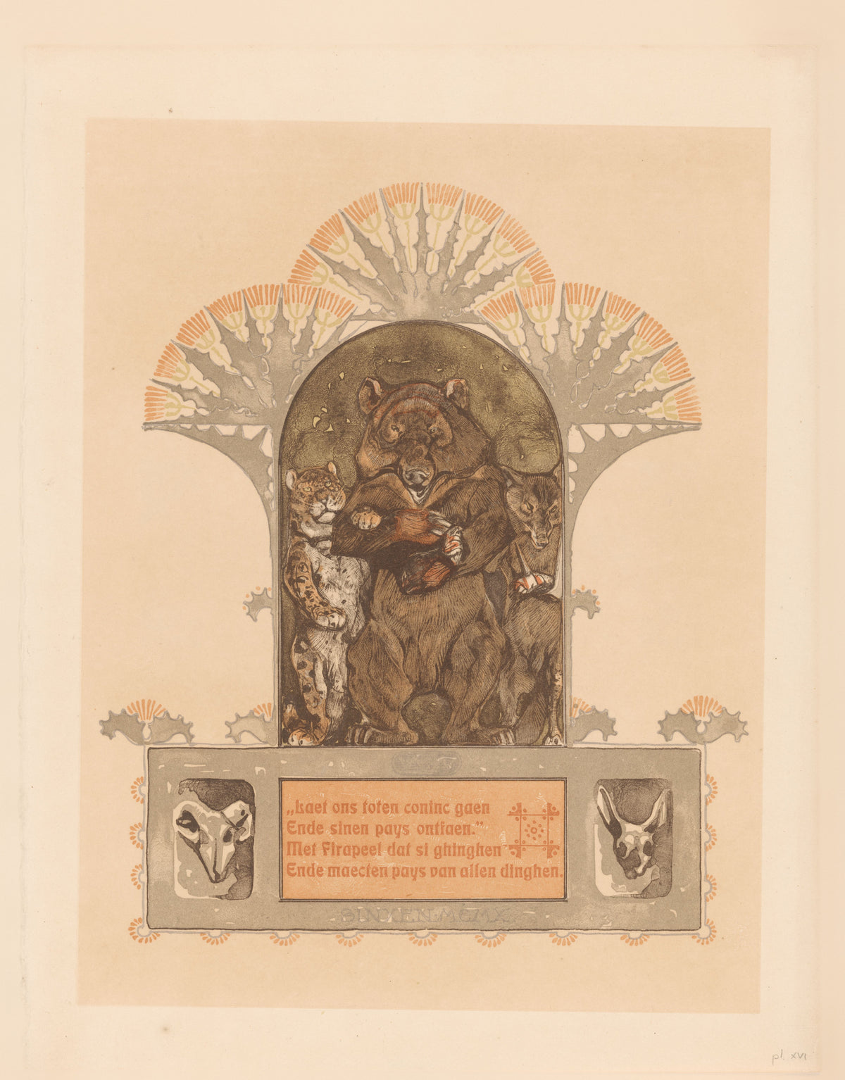 Luipaard, beer en wolf (Firapeel, Bruun en Isegrim) by Bernard Willem Wierink — A leopard, bear and wolf gather in a fan-crowned Gothic niche