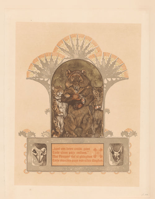 Luipaard, beer en wolf (Firapeel, Bruun en Isegrim) by Bernard Willem Wierink — A leopard, bear and wolf gather in a fan-crowned Gothic niche