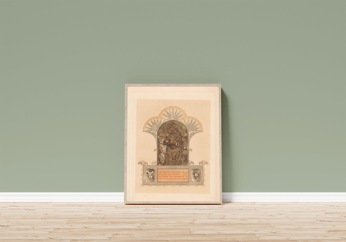 Framed art print of Luipaard, beer en wolf (Firapeel, Bruun… by Bernard Willem Wierink, in a light wood frame leaning on a sage green wall above a wooden floor