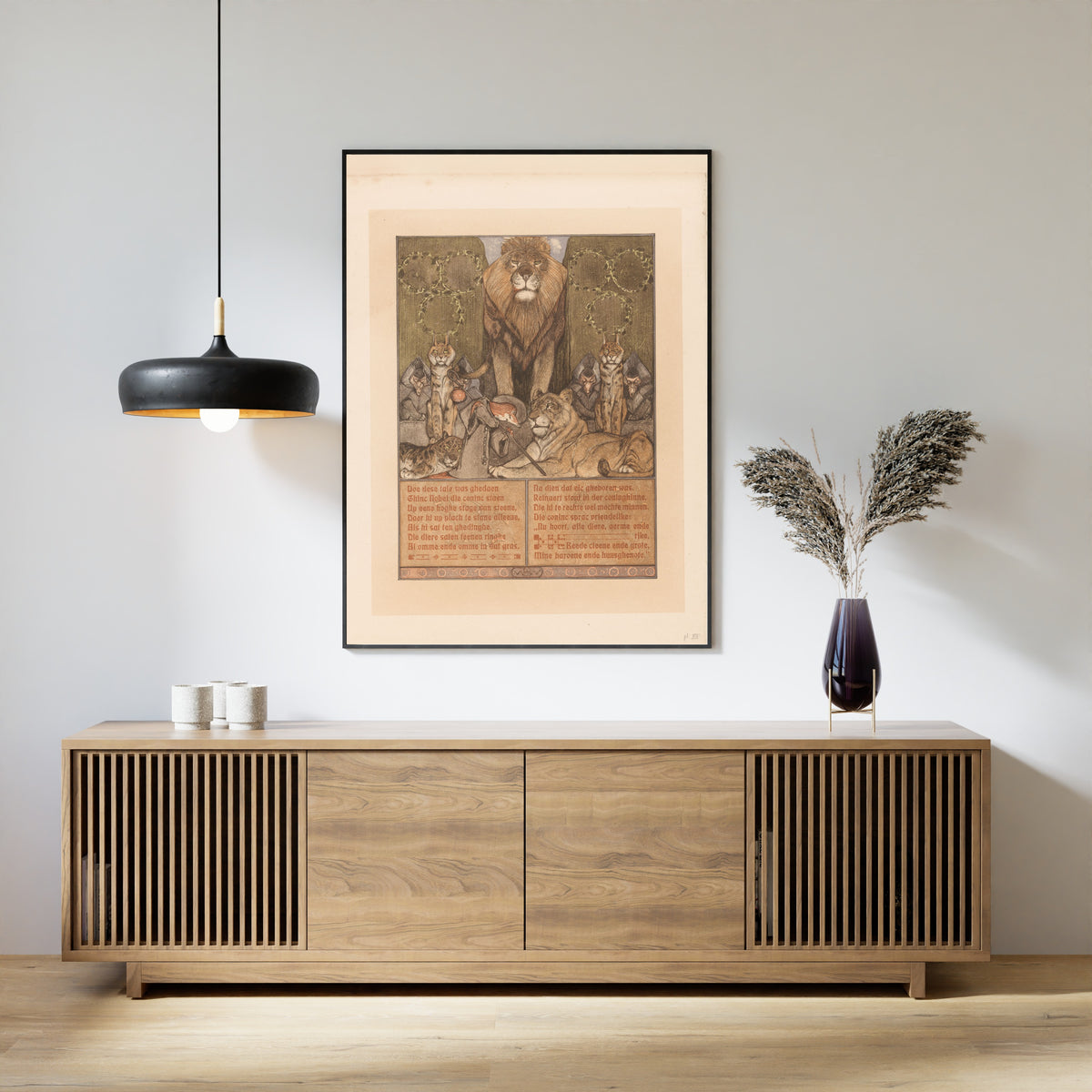 Vos in monnikspij (Reinaert) aan voeten van leeuw (Nobel) [Reynard in monk's habit before King Nobel] by Bernard Willem Wierink — framed above a slatted wood
