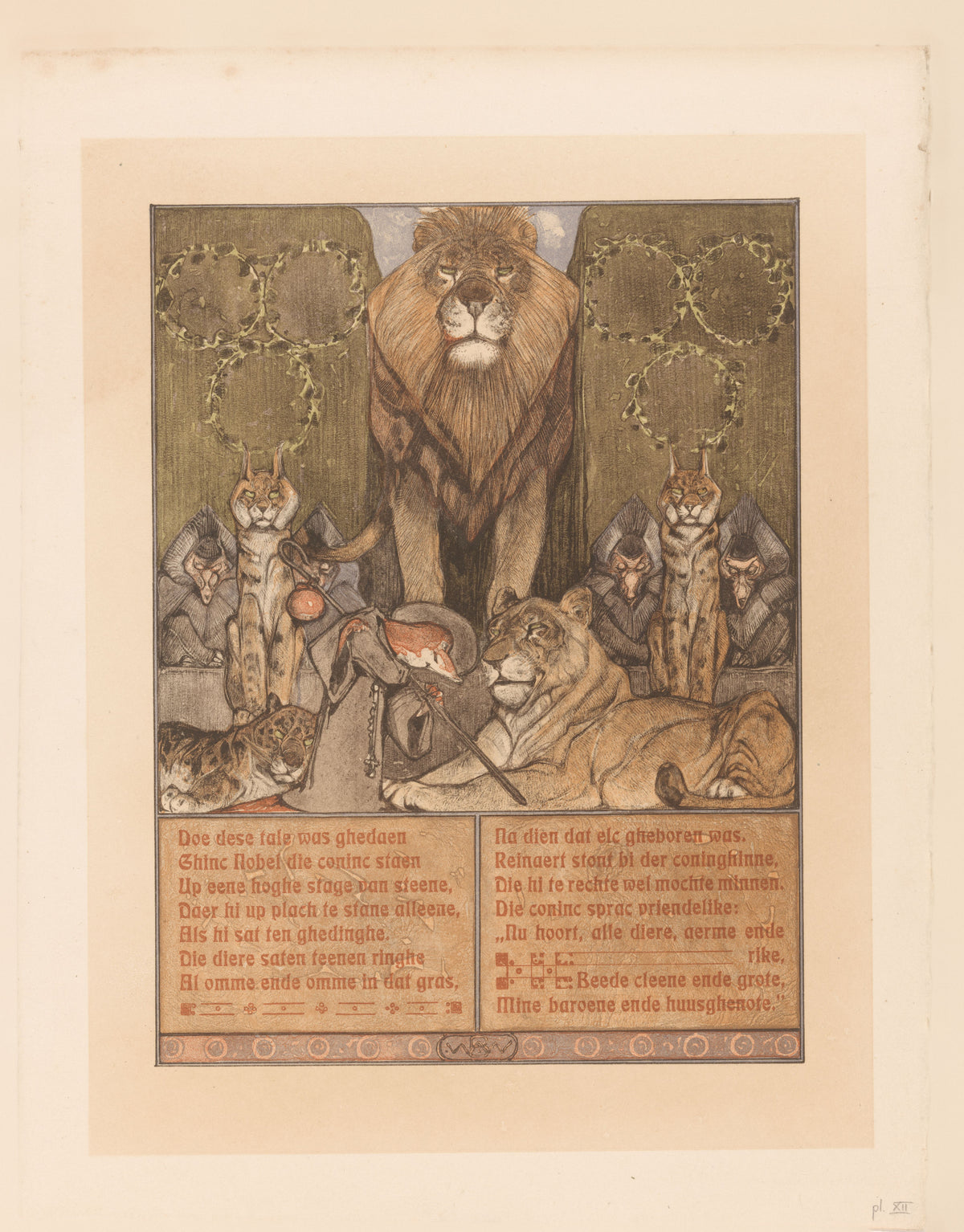 Vos in monnikspij (Reinaert) aan voeten van leeuw (Nobel) [Reynard in monk's habit before King Nobel] by Bernard Willem Wierink — A lion king presides over a