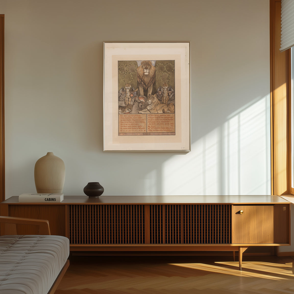 Framed art print of Vos in monnikspij (Reinaert) aan voeten van… by Bernard Willem Wierink, in a thin light frame on a sunlit wall above a wooden sideboard