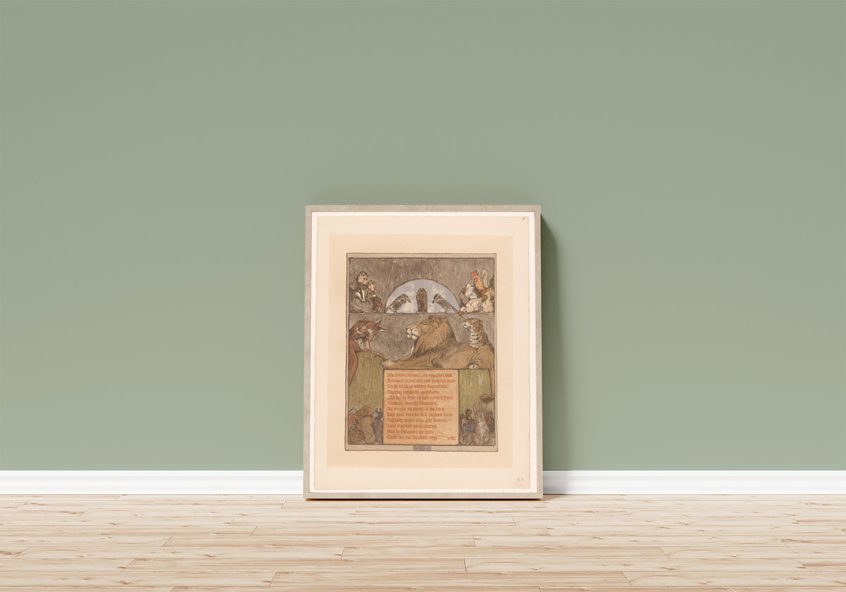 Framed art print of Vos (Reinaert) voor leeuw (Nobel) en… by Bernard Willem Wierink, in a light wood frame leaning on a sage green wall above a wooden floor
