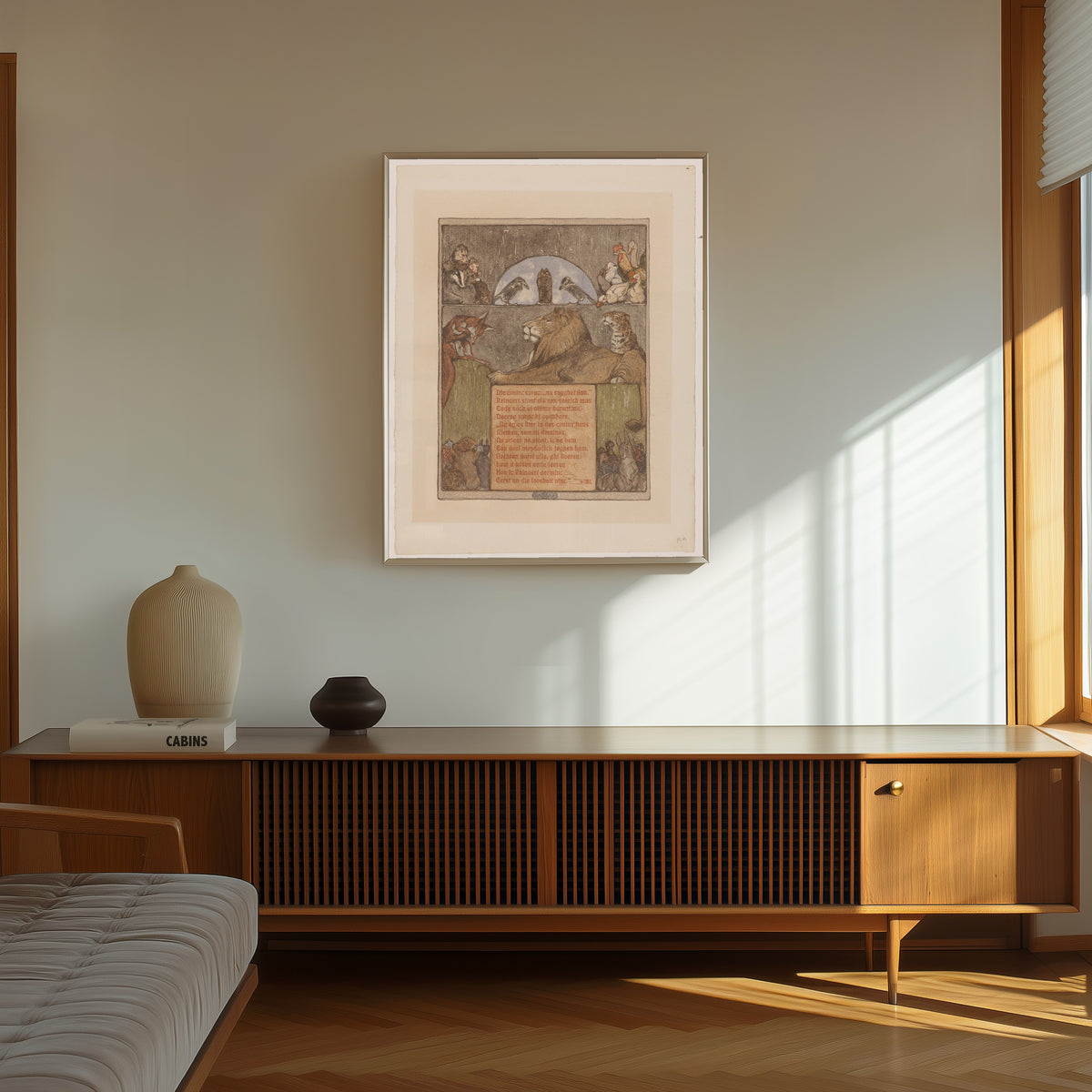 Framed art print of Vos (Reinaert) voor leeuw (Nobel) en andere… by Bernard Willem Wierink, in a thin light frame on a sunlit wall above a wooden sideboard
