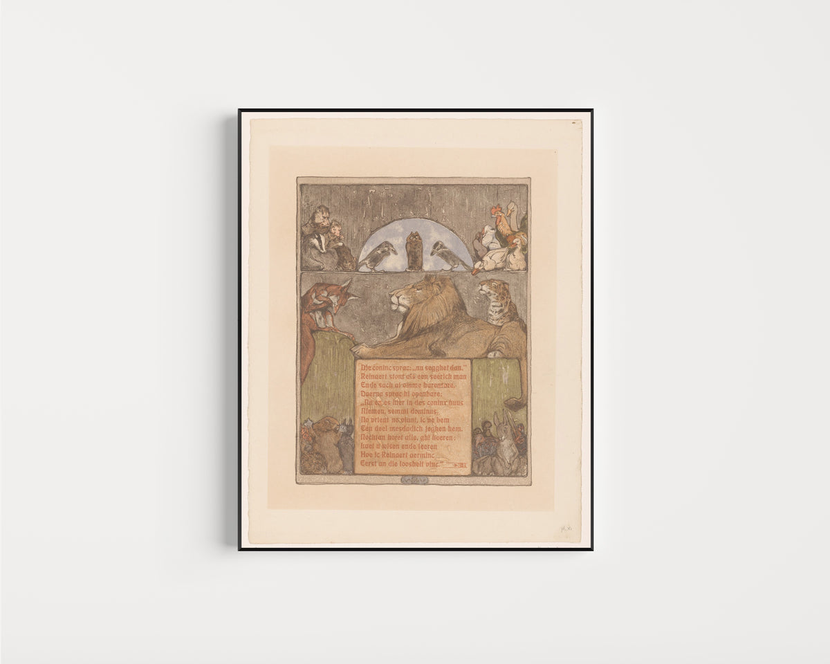 Bernard Willem Wierink — Vos (Reinaert) voor leeuw (Nobel) en andere dieren in tribunaal [Reynard before King Nobel's tribunal] | Art Nouveau Print