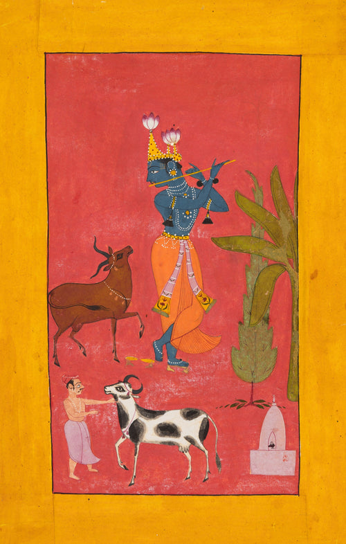 Bundi school — Krishna Fluting | Indian Miniature Painting Print