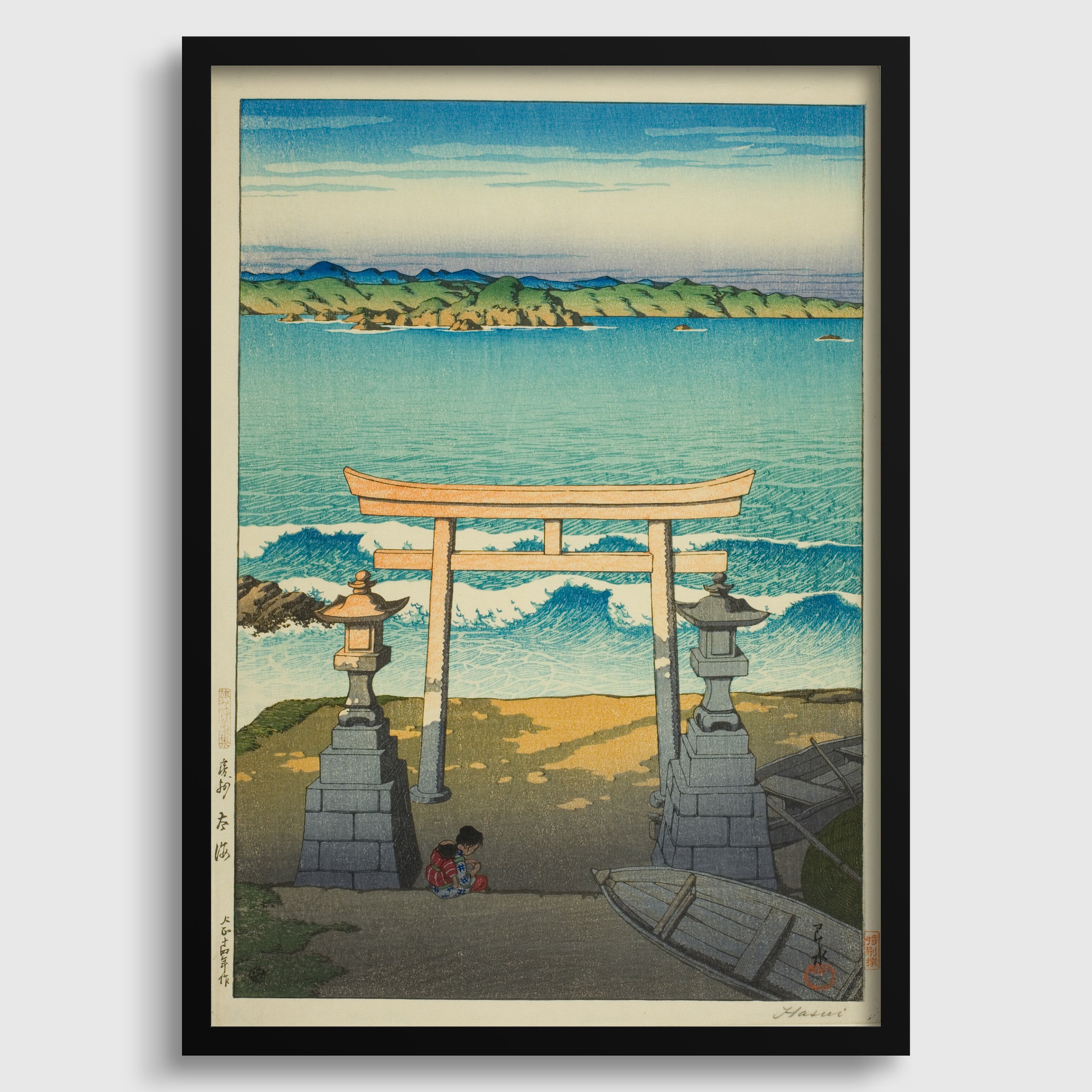 The image is a framed artwork depicting a serene landscape with a torii gate overlooking a body of water, surrounded by mountains and a clear blue sky.