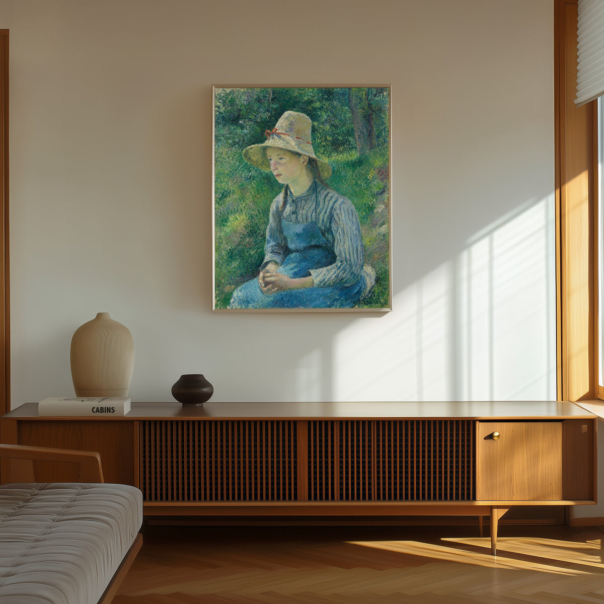 Framed art print of Peasant Girl with a Straw Hat by Camille Pissarro, in a thin light frame on a sunlit wall above a wooden sideboard