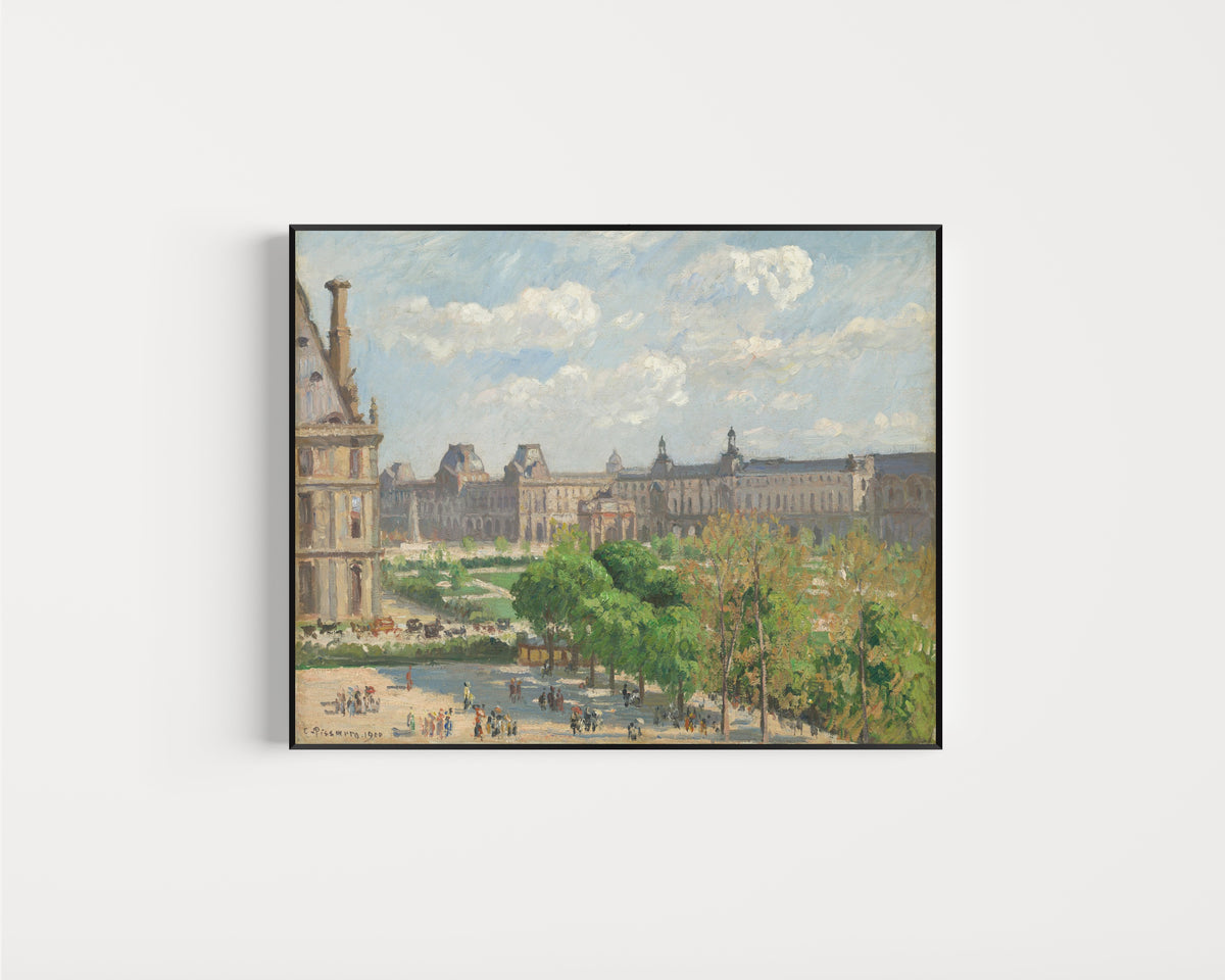 Framed art print of Place du Carrousel, Paris by Camille Pissarro, in a slim black frame on a plain white wall