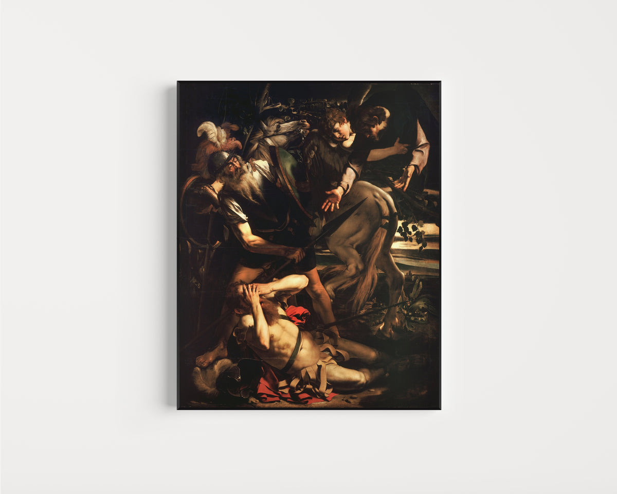 Framed art print of Conversion of St. Paul by Caravaggio, in a slim black frame on a plain white wall