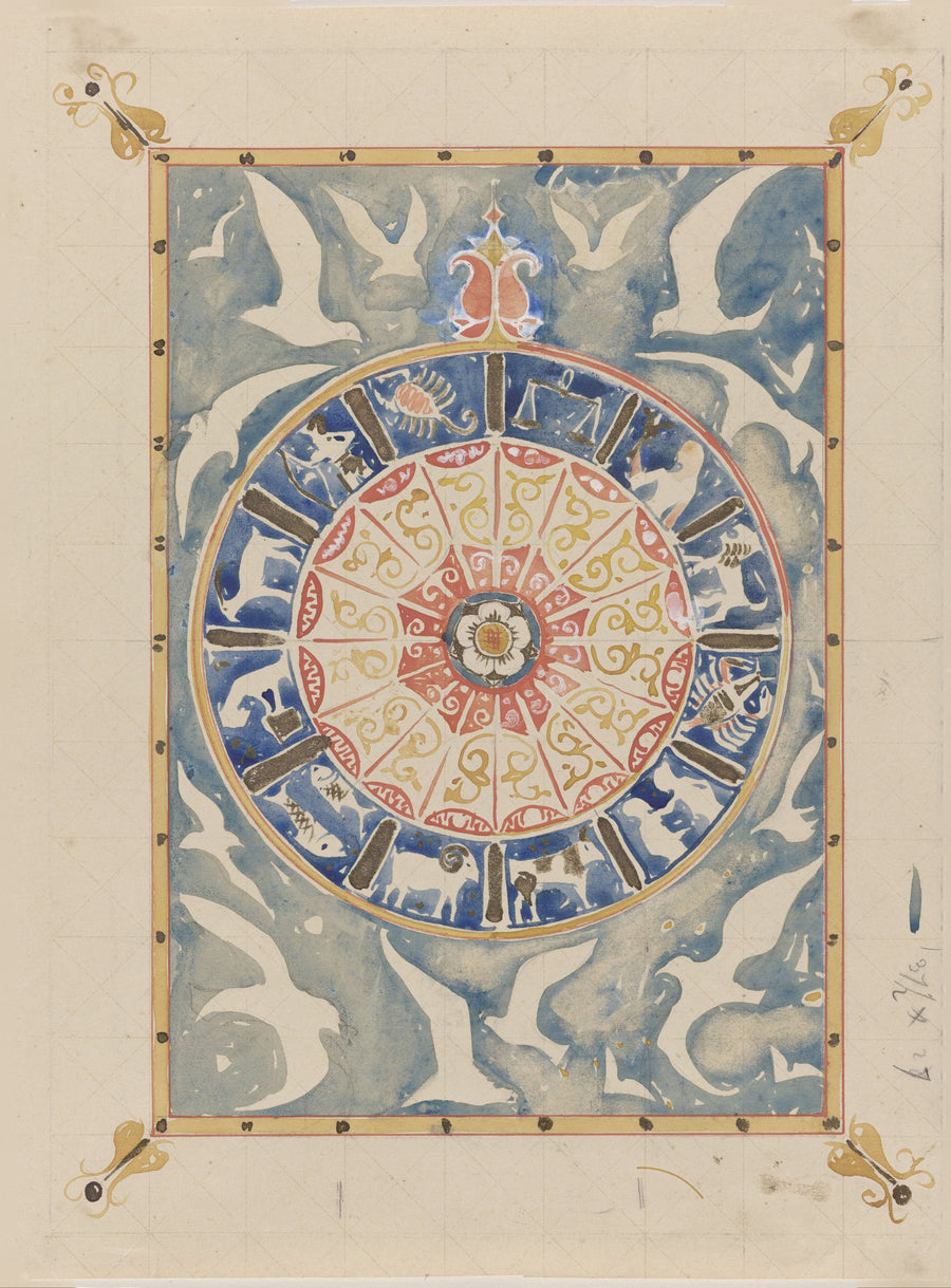Carel Adolph Lion Cachet — Cirkel met tekens van de dierenriem [Circle with zodiac signs] | Art Nouveau Print shown to scale on a wall above a sofa
