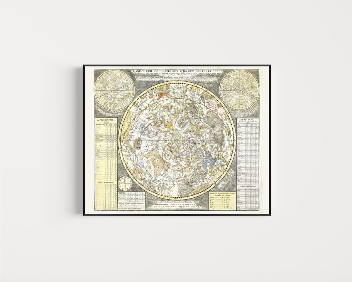 Framed art print of Planisphaerii Coelestis Hemisphaerium Septentrionale by Carel Allard, in a slim black frame on a plain white wall