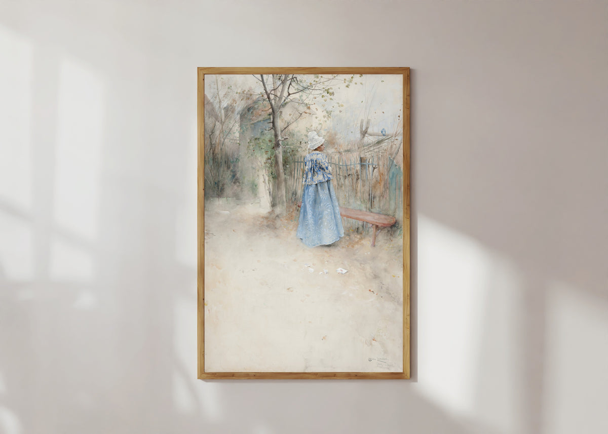 Framed art print of Autumn by Carl Larsson, in a light wood frame on a sunlit white wall