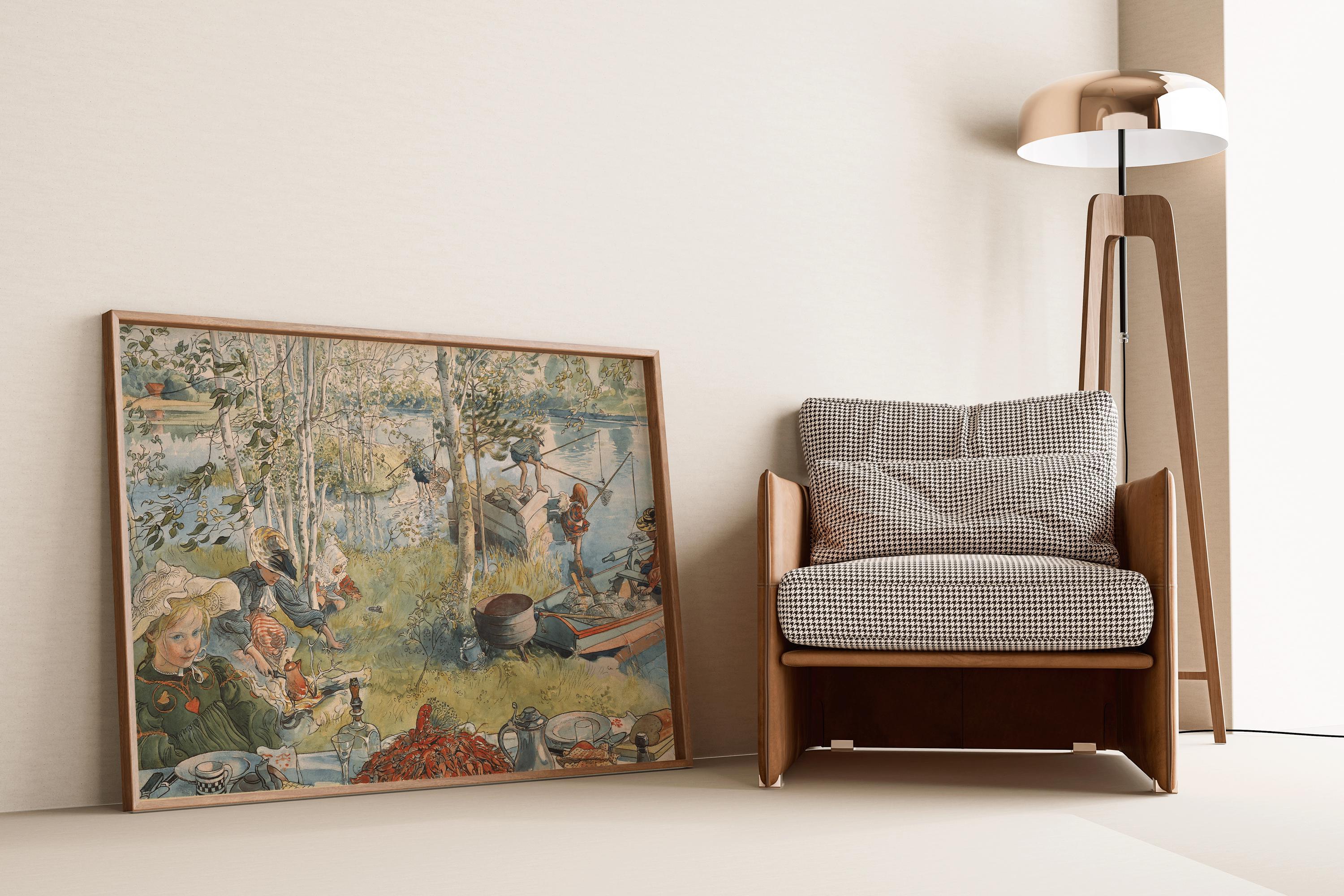 Carl Larsson "Crayfishing" Giclee Print: Enchanting Childhood Illustration - 9ArtPrints