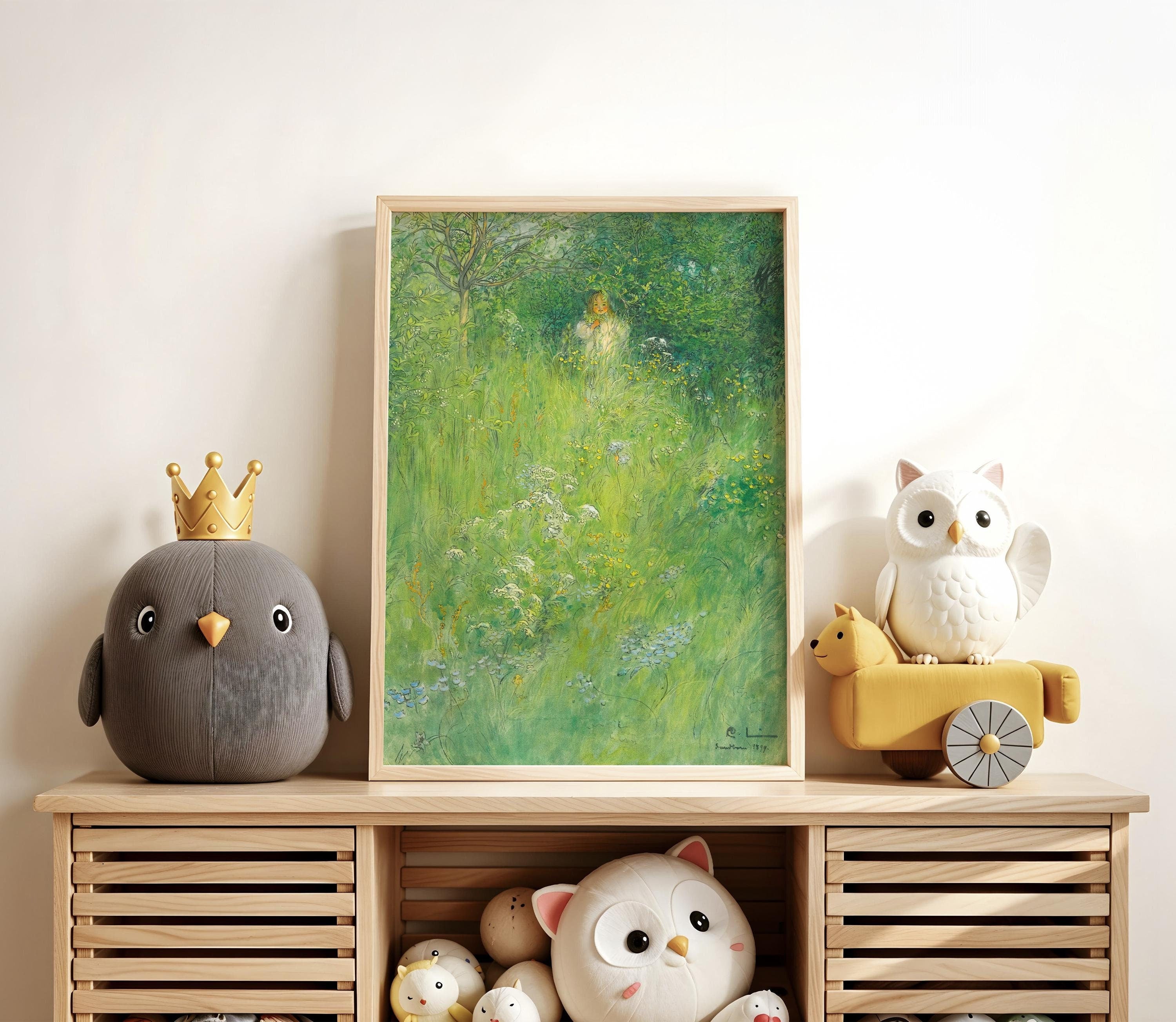 Carl Larsson - Kersti in the Meadow | An Enchanting Fairytale Artwork in Green | Perfect for a Kid's Room | (Available Framed or Unframed) - 9ArtPrints