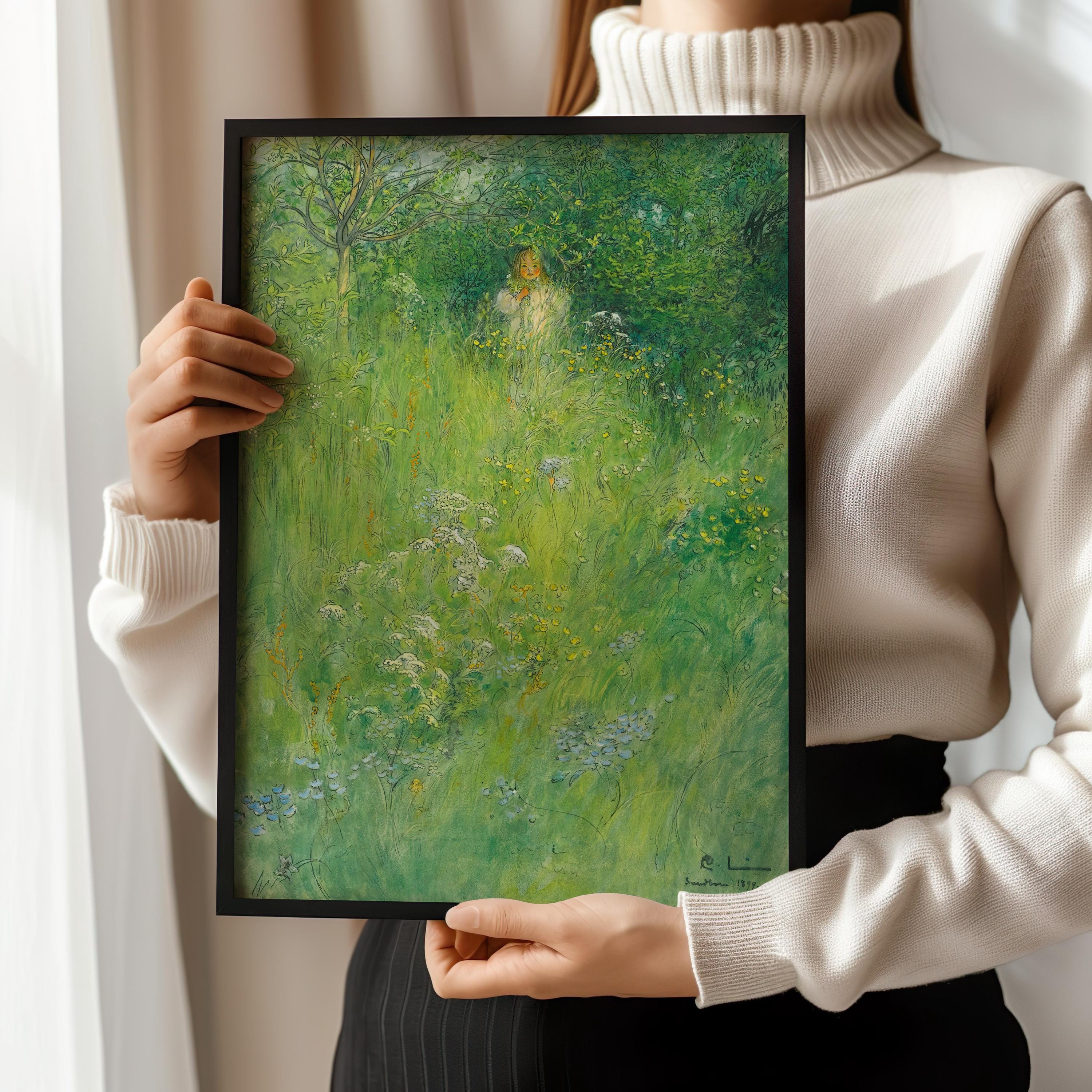 Carl Larsson - Kersti in the Meadow | An Enchanting Fairytale Artwork in Green | Perfect for a Kid's Room | (Available Framed or Unframed) - 9ArtPrints