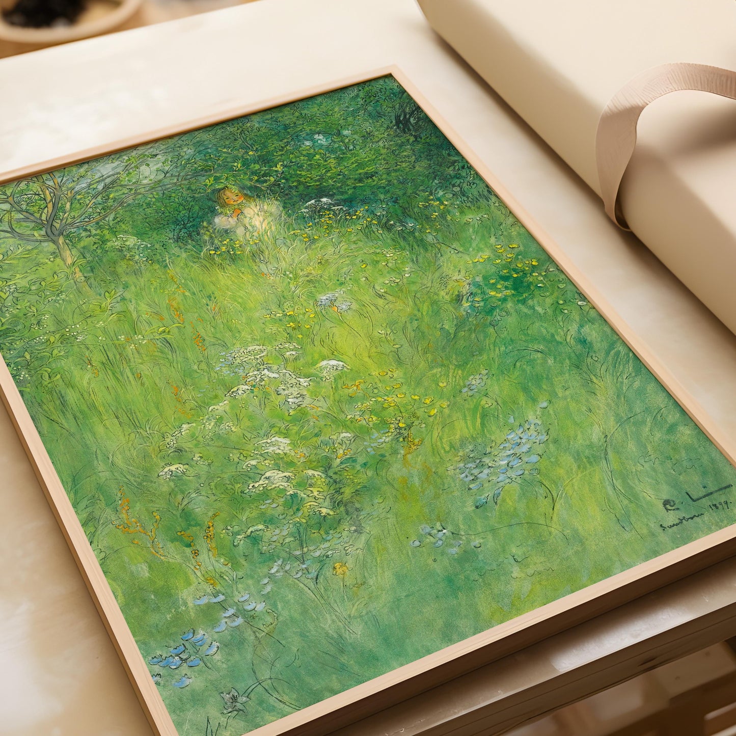 Carl Larsson - Kersti in the Meadow | An Enchanting Fairytale Artwork in Green | Perfect for a Kid's Room | (Available Framed or Unframed) - 9ArtPrints