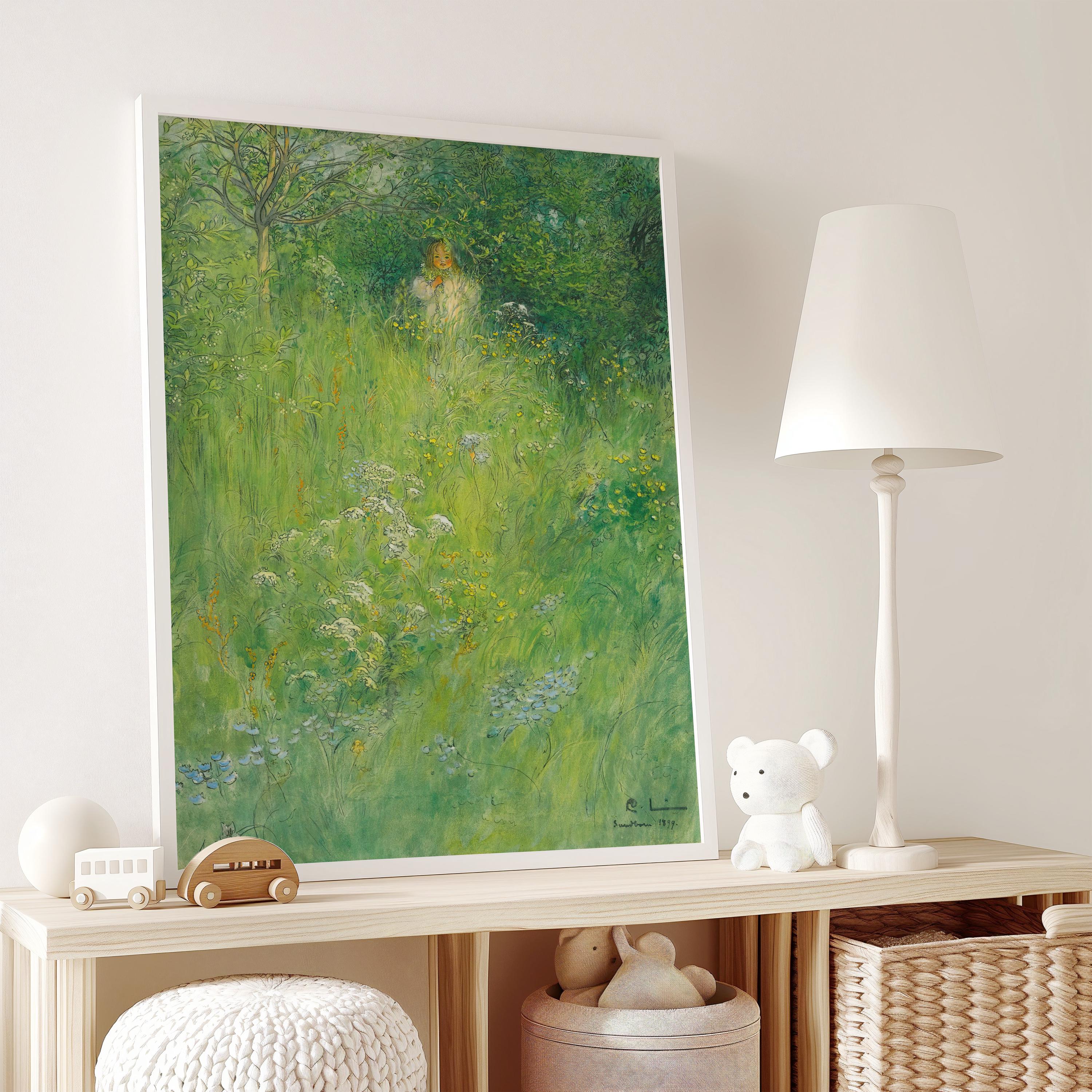 Carl Larsson - Kersti in the Meadow | An Enchanting Fairytale Artwork in Green | Perfect for a Kid's Room | (Available Framed or Unframed) - 9ArtPrints