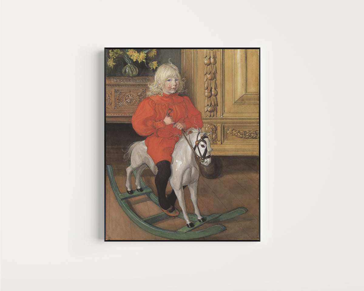 Framed art print of Murre: Portrait of Casimir Laurin by Carl Larsson, in a slim black frame on a plain white wall