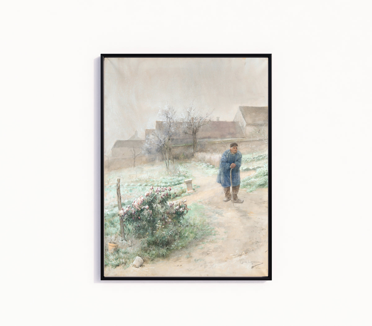 Framed art print of November by Carl Larsson, in a slim black frame on a plain white wall