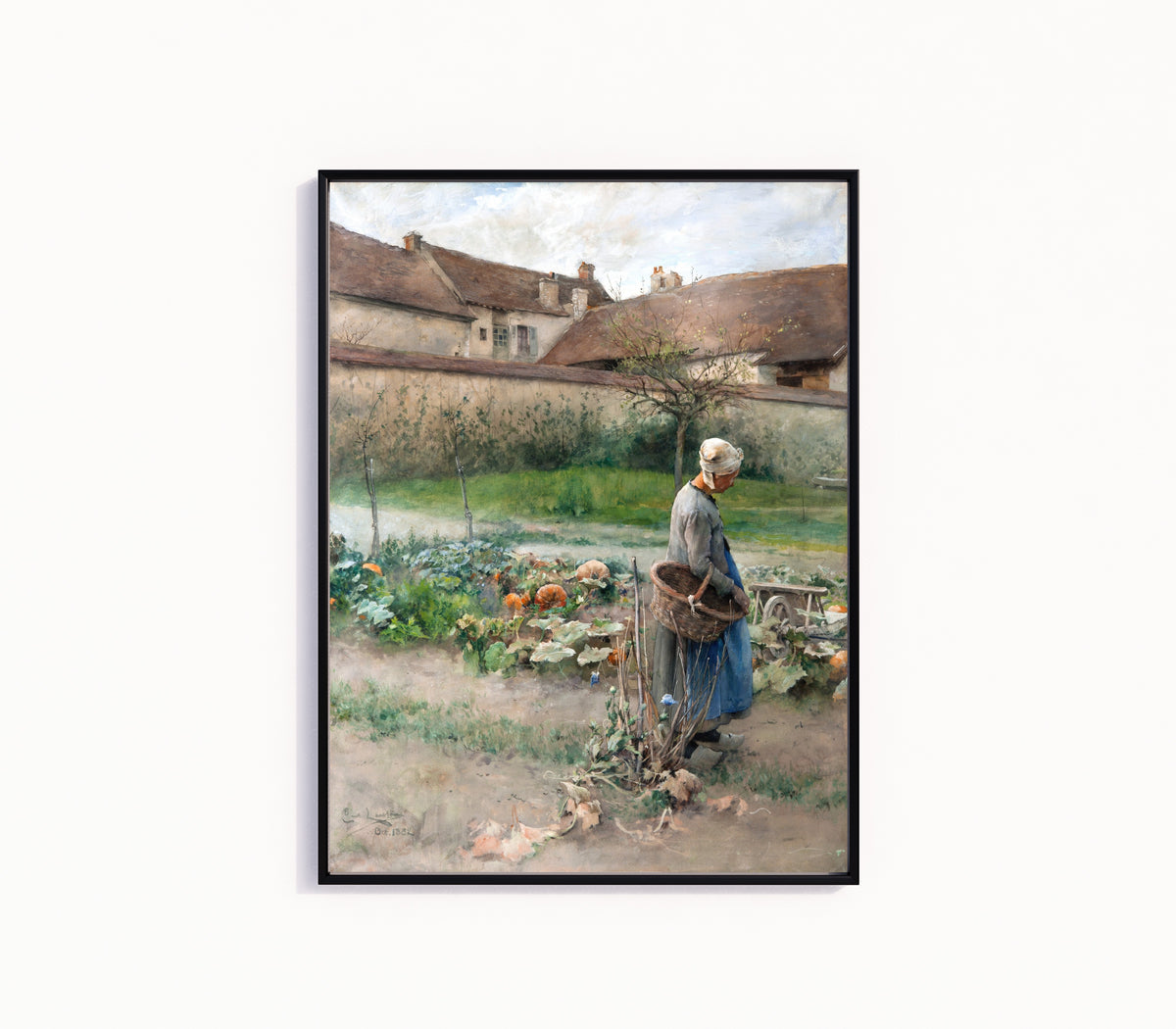 Framed art print of October by Carl Larsson, in a slim black frame on a plain white wall