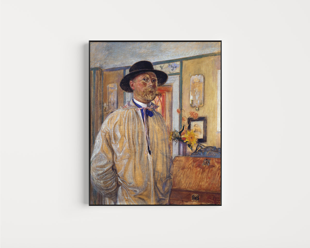 Framed art print of Self-Portrait by Carl Larsson, in a slim black frame on a plain white wall