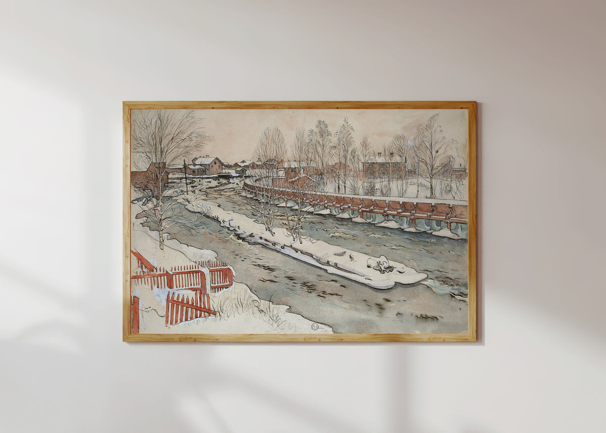Framed art print of The Timber Chute. Winterscene by Carl Larsson, in a light wood frame on a sunlit white wall