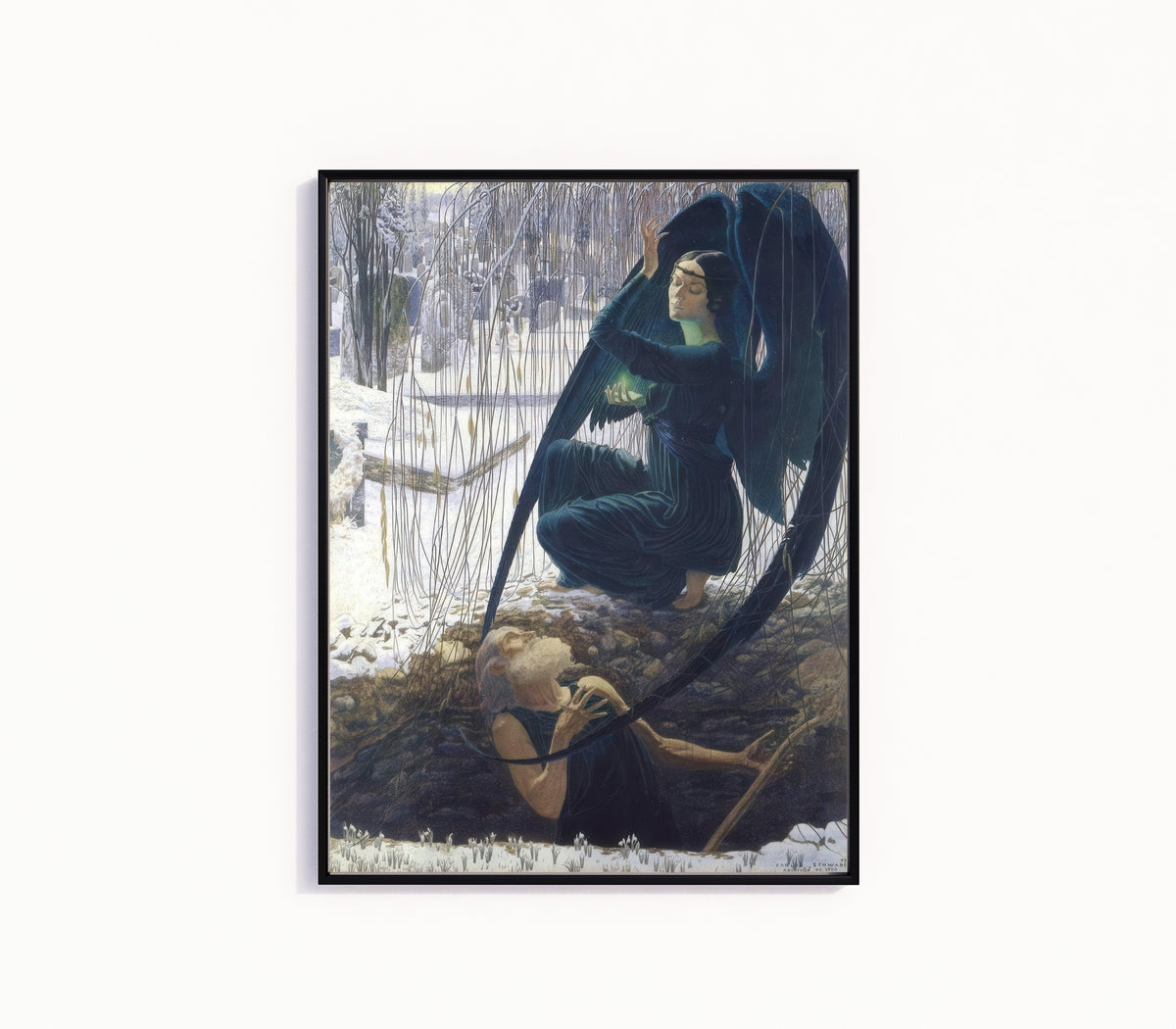 Framed art print of Death and the Gravedigger by Carlos Schwabe, in a slim black frame on a plain white wall