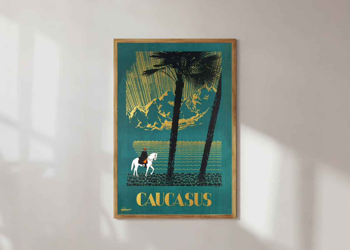 Framed art print of Caucasus by Nikolai Zhukov, in a light wood frame on a sunlit white wall