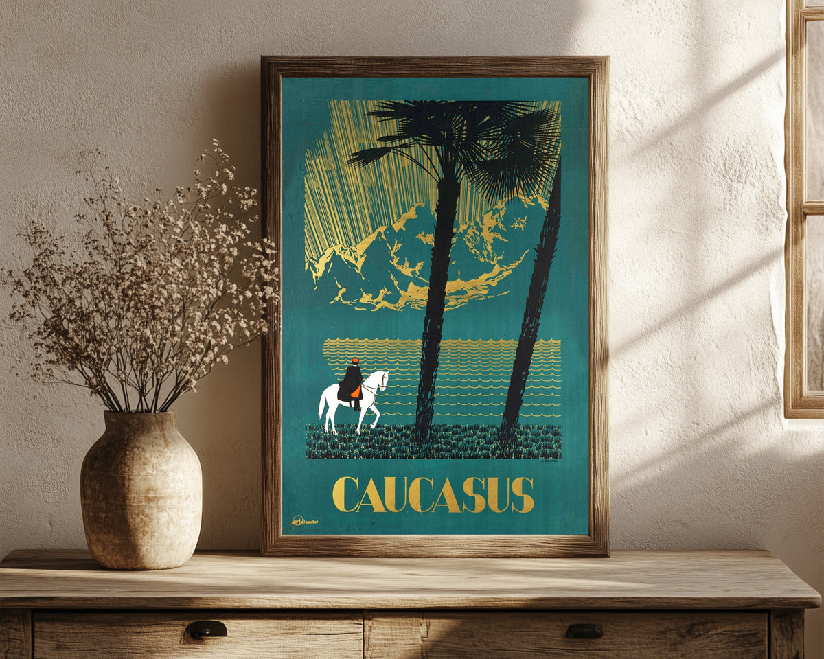Framed art print of Caucasus by Nikolai Zhukov, in a dark wood frame leaning on a rustic console beside dried flowers