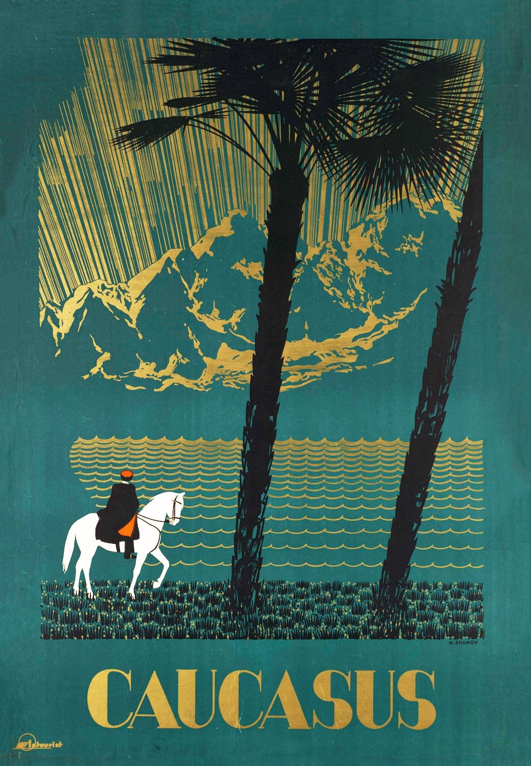 Caucasus | Vintage Soviet Travel Poster in Teal and Gold - 9ArtPrints