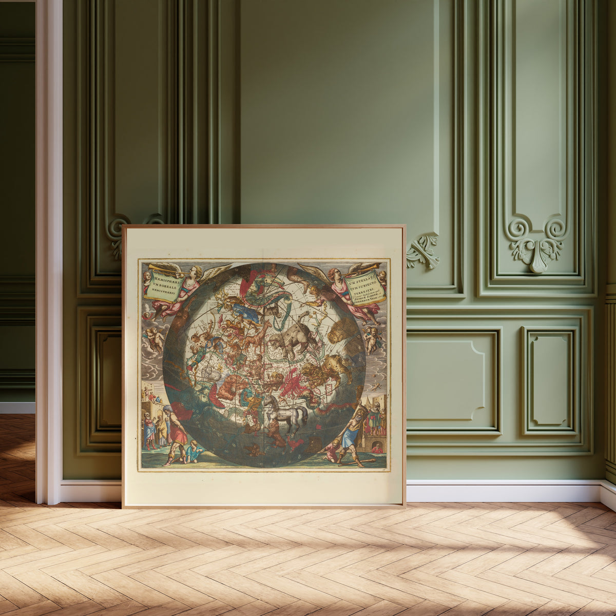 Andreas Cellarius — The Northern Starry Hemisphere over the Earth (Plate 26, Azure Colouring) | Celestial Map Print