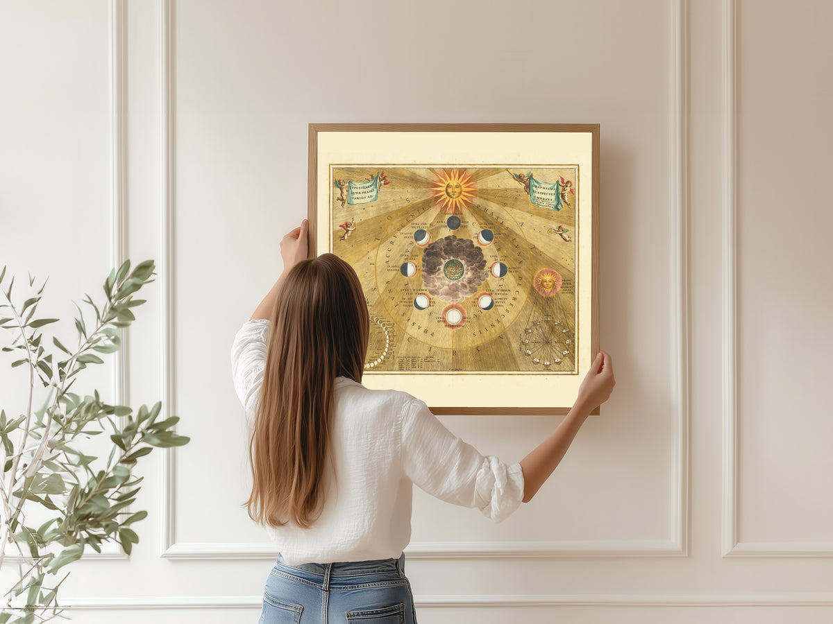 Andreas Cellarius — The Phases and Aspects of the Moon (Plate 19, Gold Colouring) | Celestial Map Print