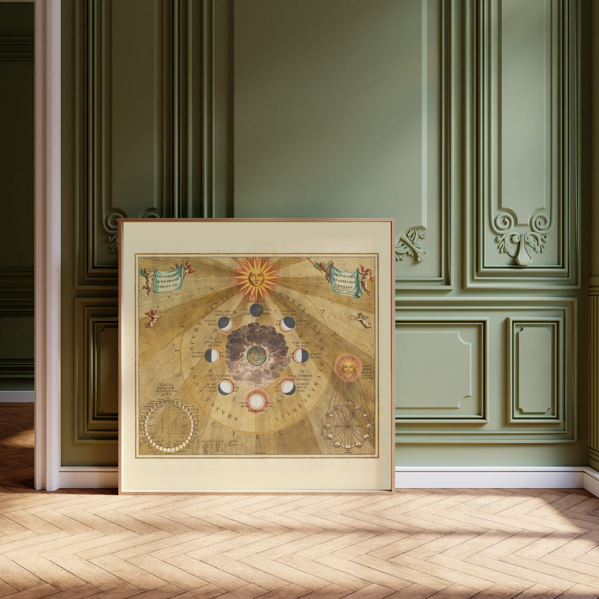 Andreas Cellarius — The Phases and Aspects of the Moon (Plate 19, Gold Colouring) | Celestial Map Print