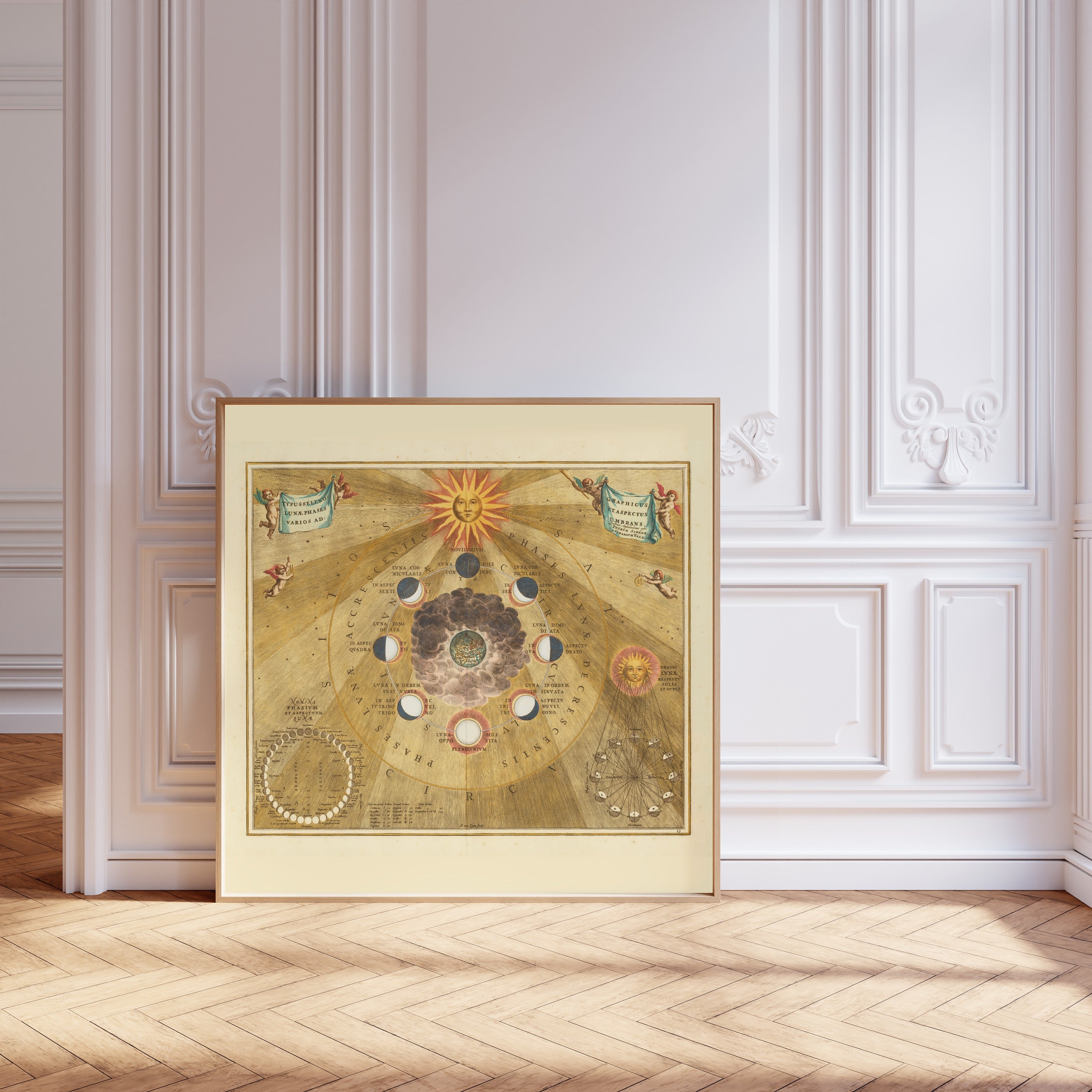 Andreas Cellarius — The Phases and Aspects of the Moon (Plate 19, Gold Colouring) | Celestial Map Print