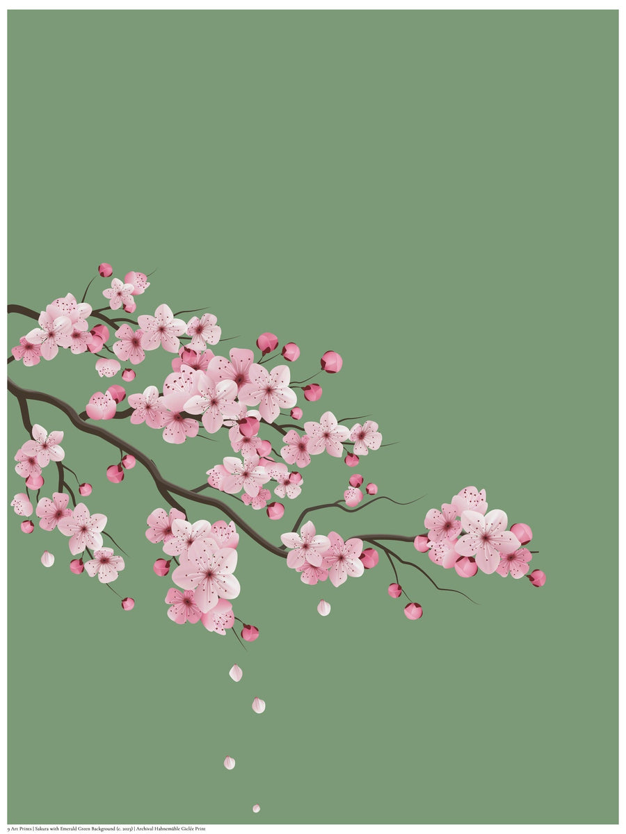 Cherry Blossoms — Emerald Green | Original Japanese Botanical Print shown to scale on a wall above a sofa