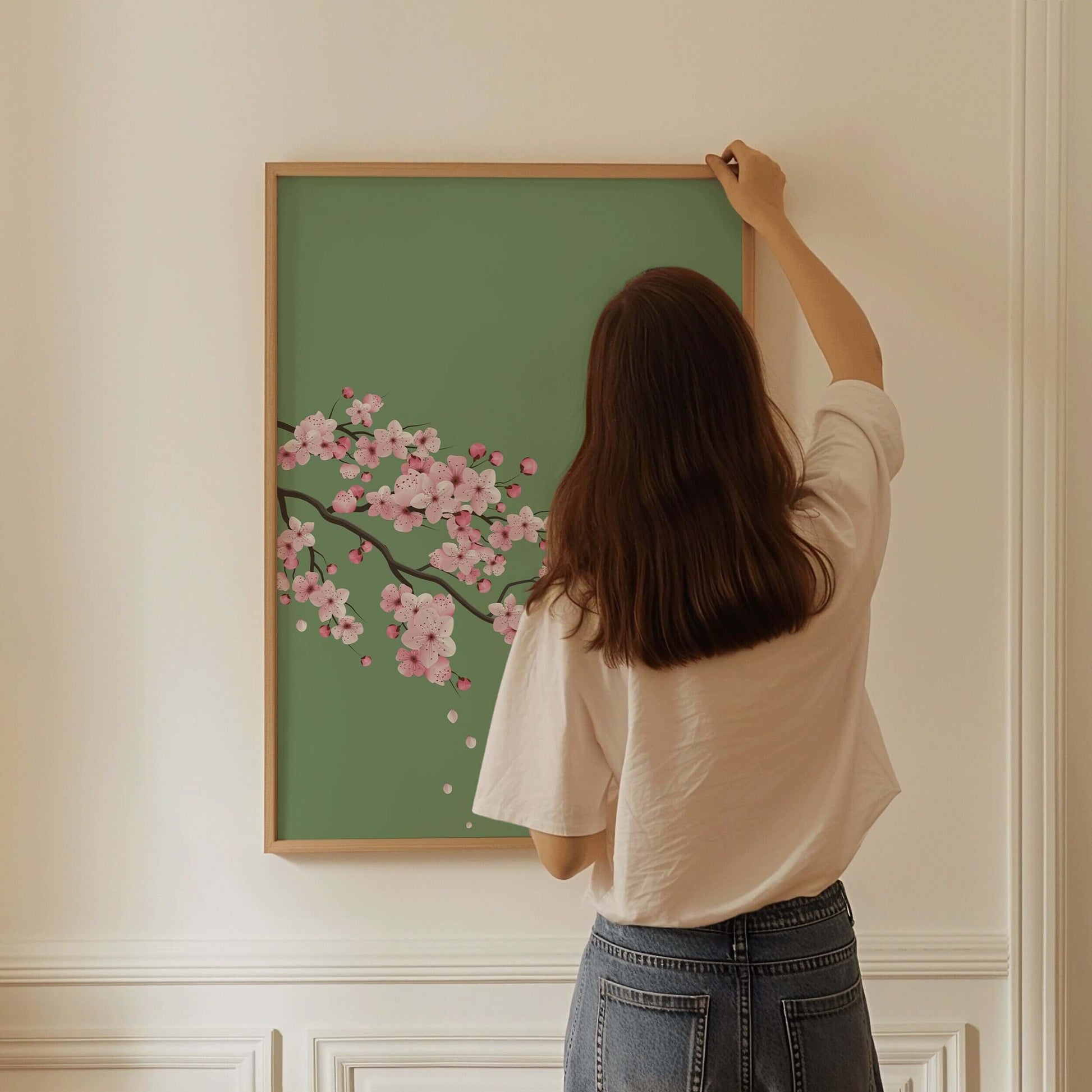 Cherry Blossoms with Emerald Green Background (available framed ready to hang or unframed) - 9ArtPrints