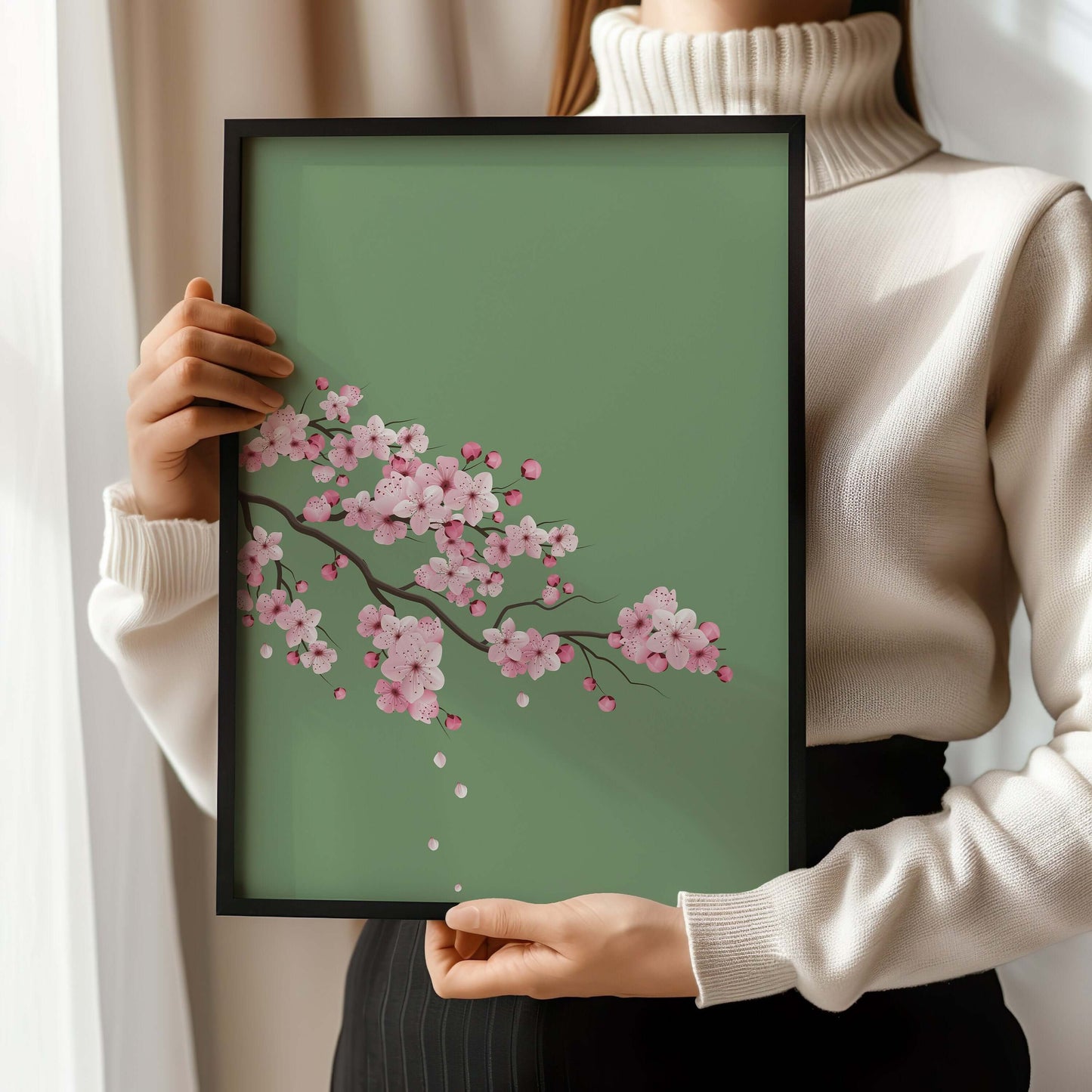 Cherry Blossoms with Emerald Green Background (available framed ready to hang or unframed) - 9ArtPrints