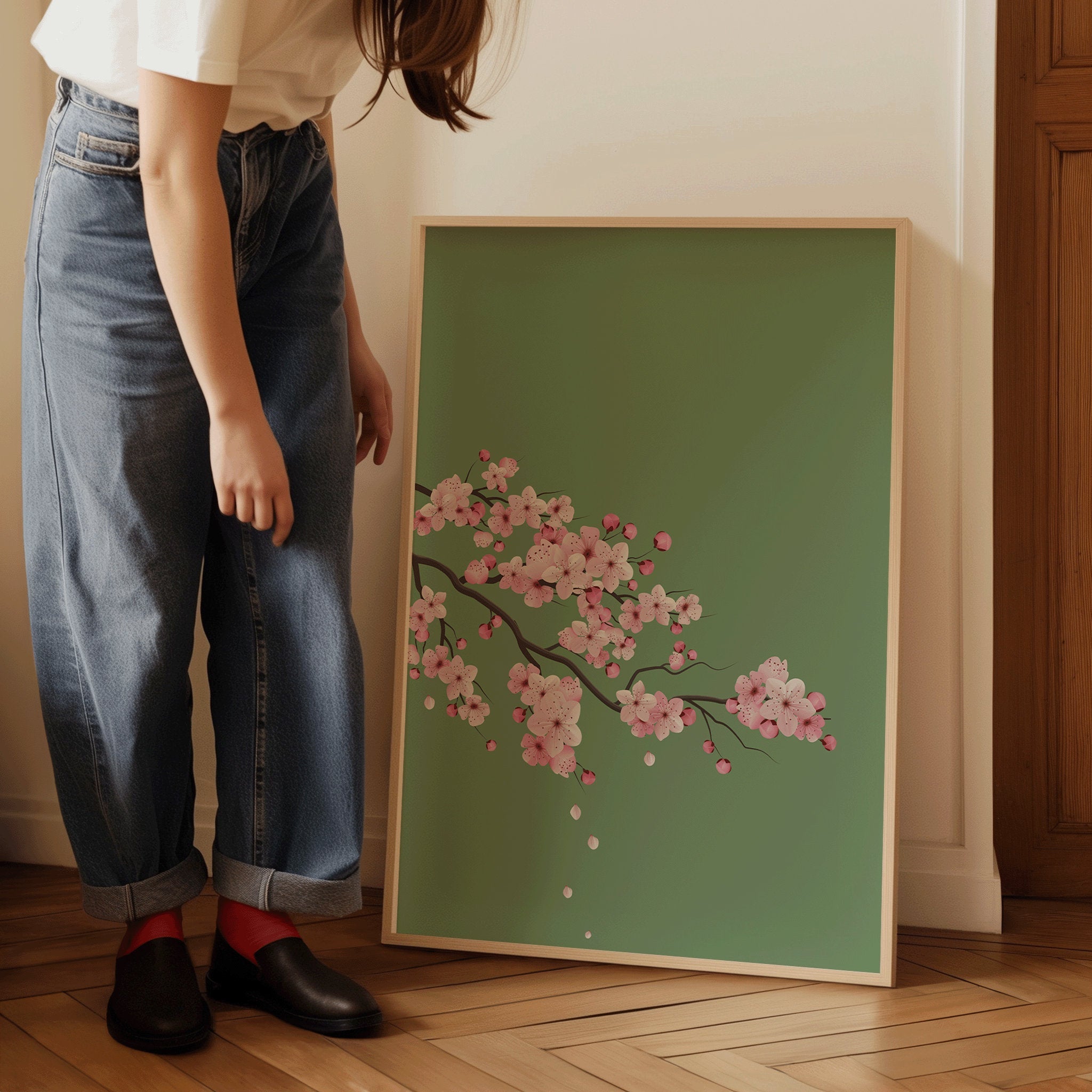 Cherry Blossoms with Emerald Green Background (available framed ready to hang or unframed) - 9ArtPrints