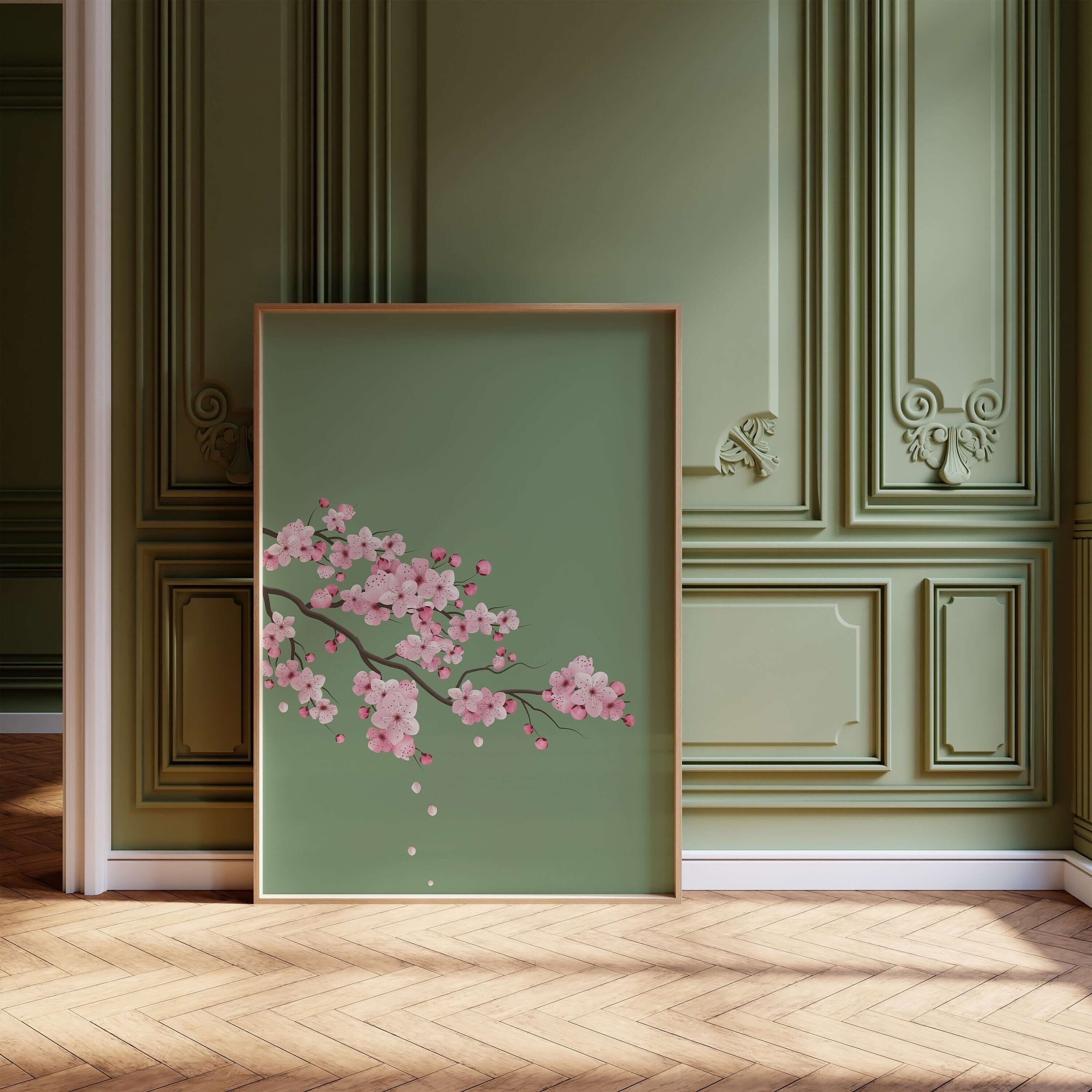 Cherry Blossoms with Emerald Green Background (available framed ready to hang or unframed) - 9ArtPrints