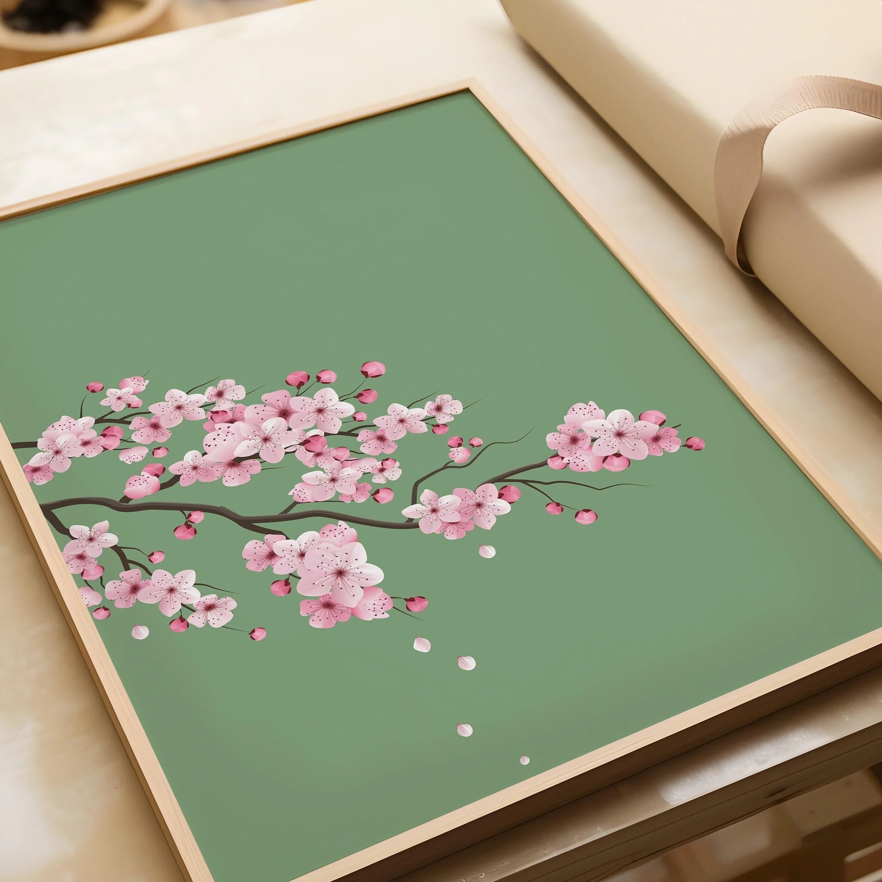 Cherry Blossoms with Emerald Green Background (available handframed ready to hang or unframed) - 9ArtPrints