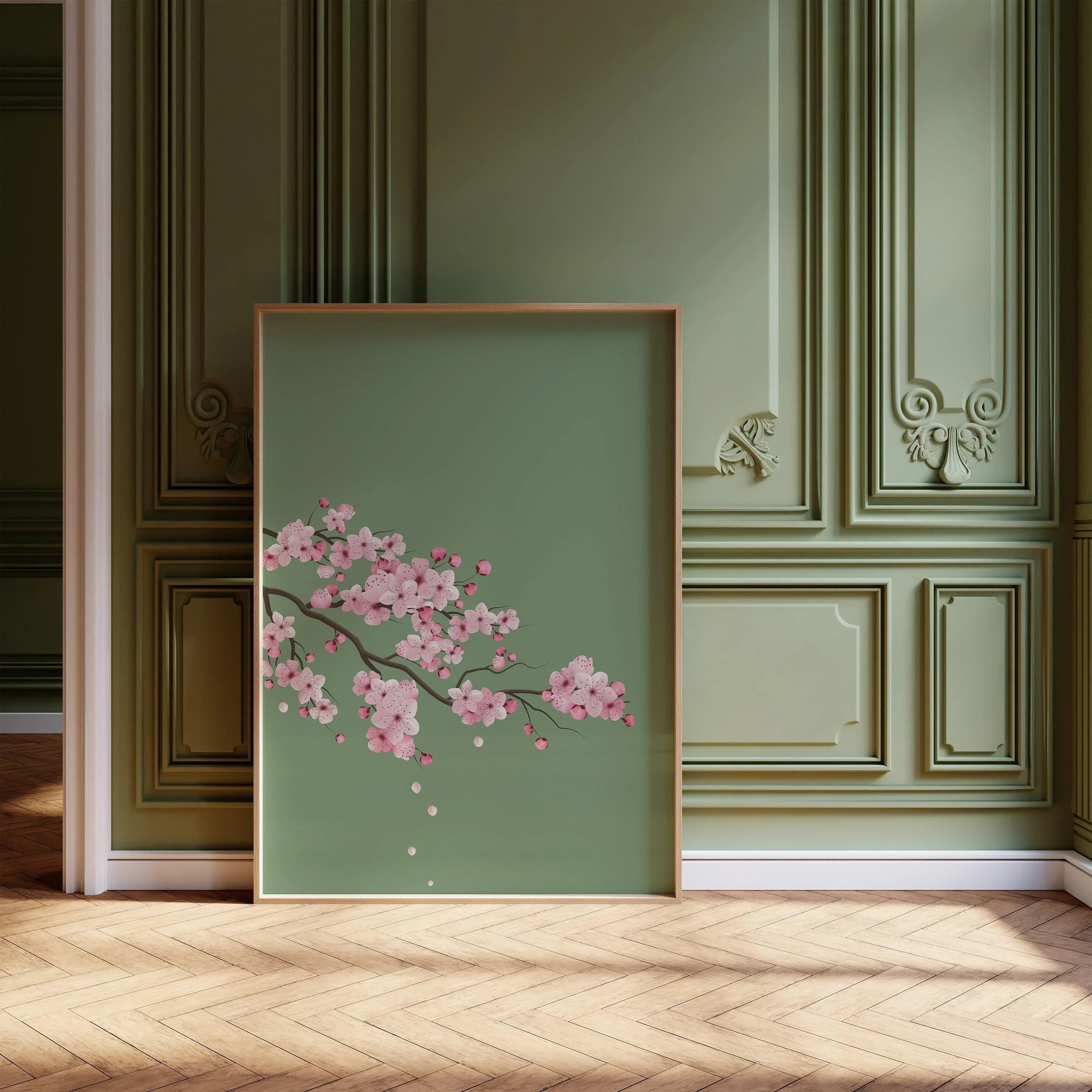 Cherry Blossoms with Emerald Green Background (available handframed ready to hang or unframed) - 9ArtPrints
