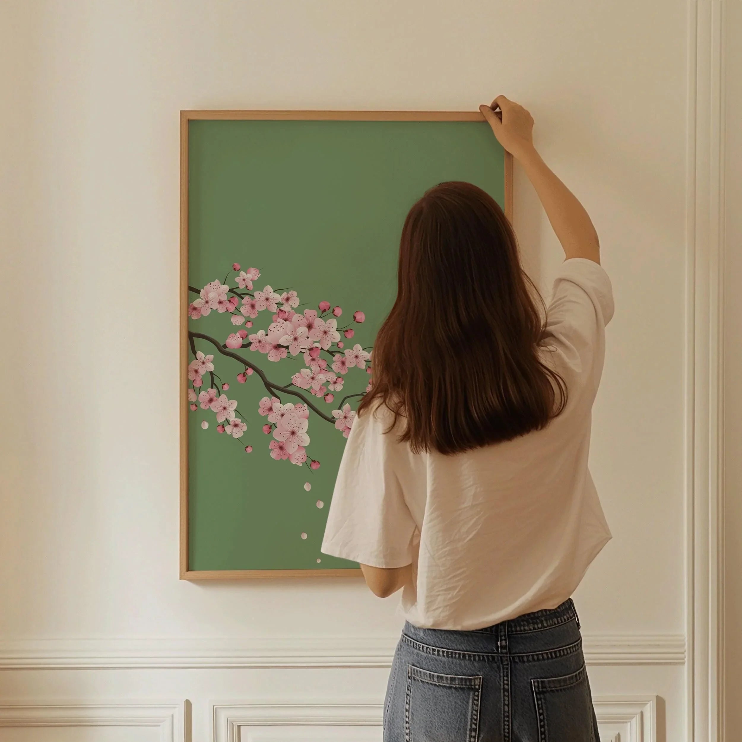 Cherry Blossoms with Emerald Green Background (available handframed ready to hang or unframed) - 9ArtPrints