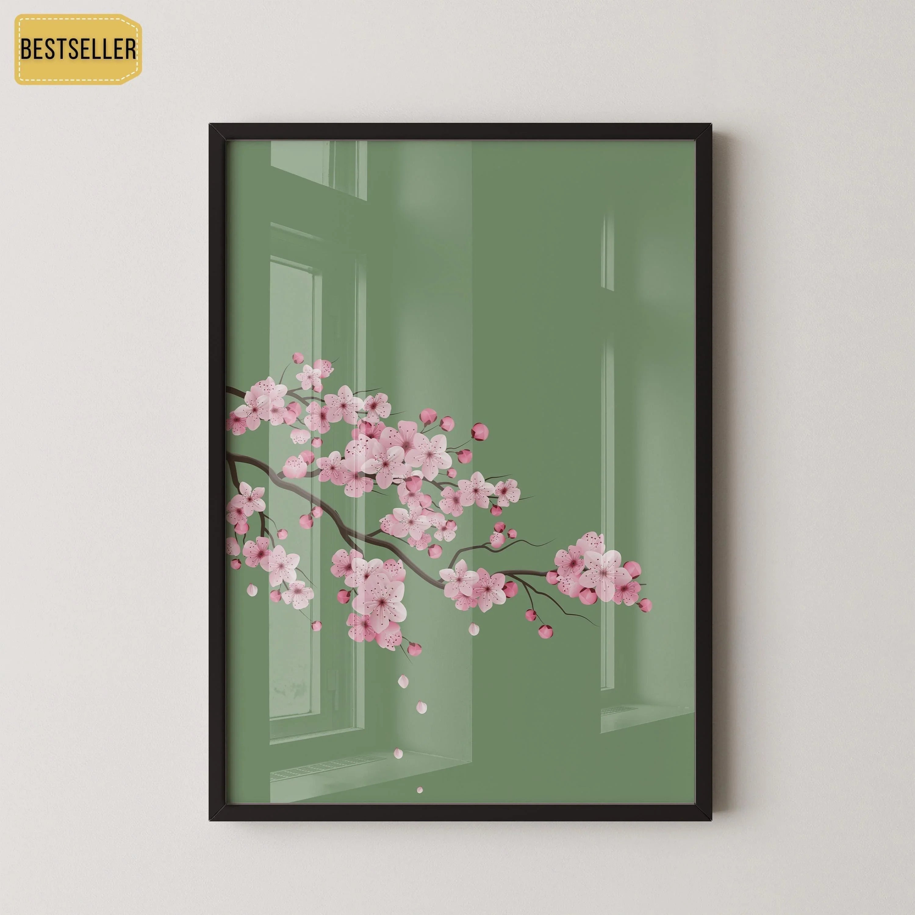 Cherry Blossoms with Emerald Green Background (available handframed ready to hang or unframed) - 9ArtPrints
