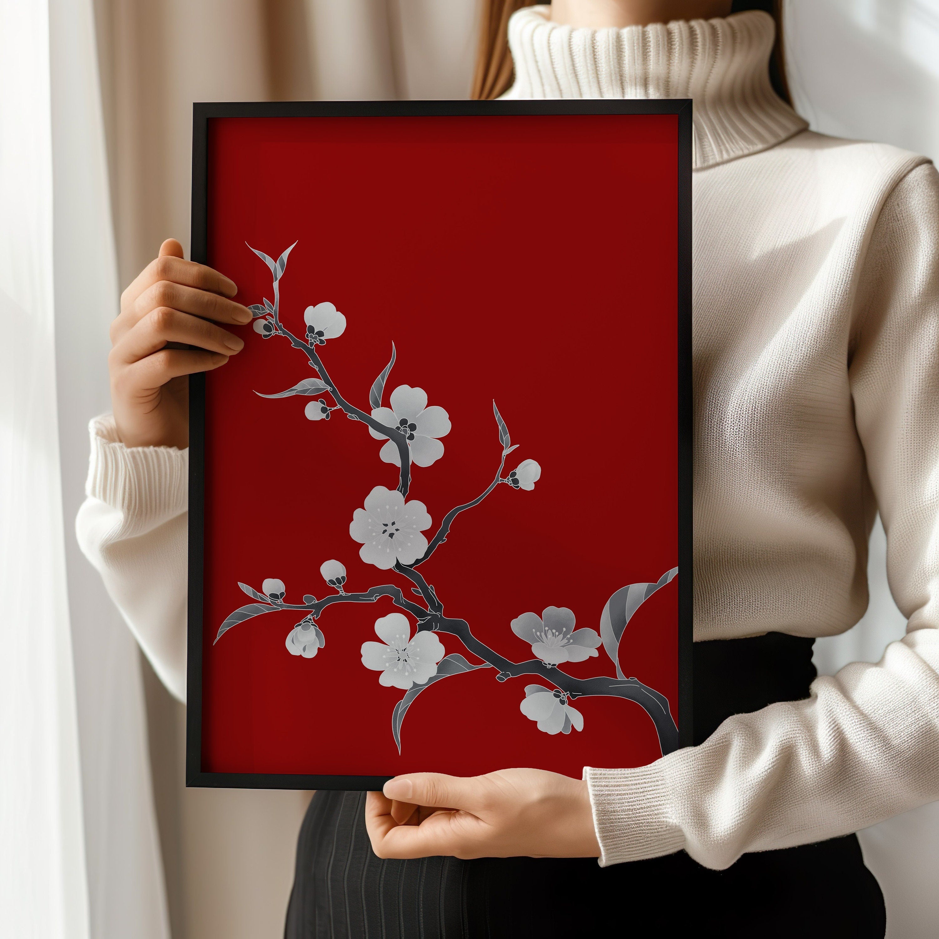 Cherry Blossoms with Red Background (available framed ready to hang or unframed) - 9ArtPrints