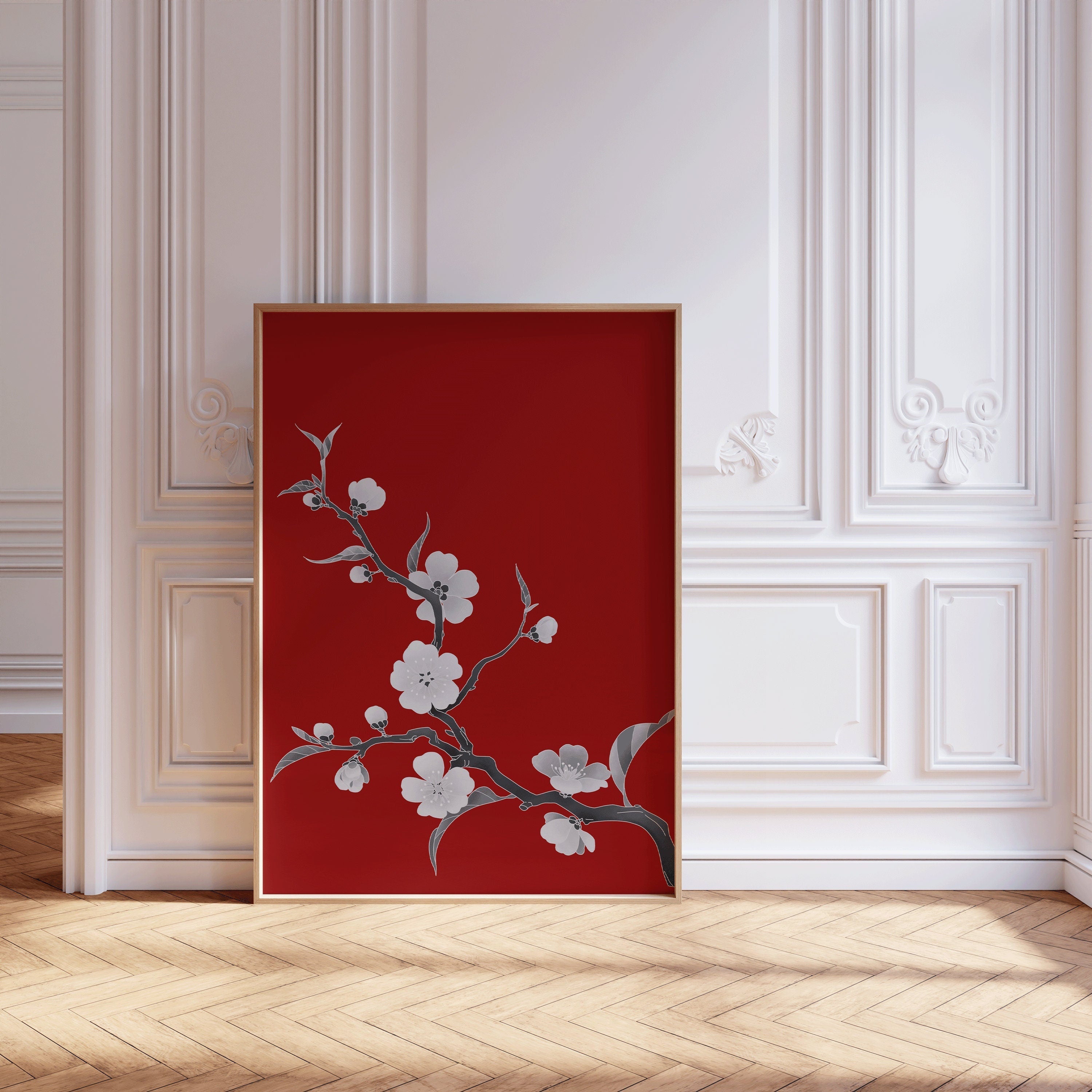 Cherry Blossoms with Red Background (available framed ready to hang or unframed) - 9ArtPrints